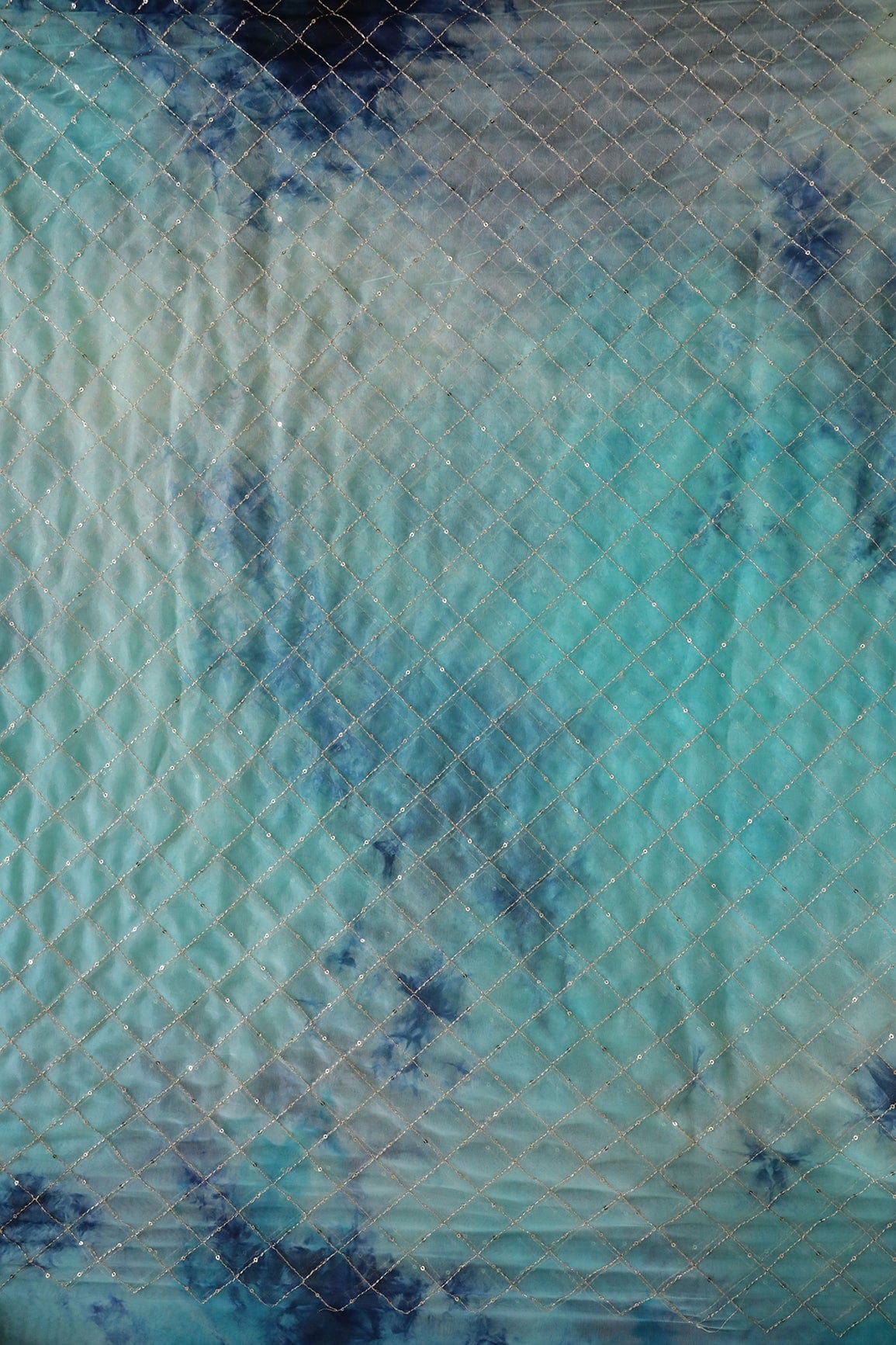 Gold Zari With Gold Sequins Checks Embroidery Work On Tie & Dye Turquoise And Blue Organza Fabric - doeraa