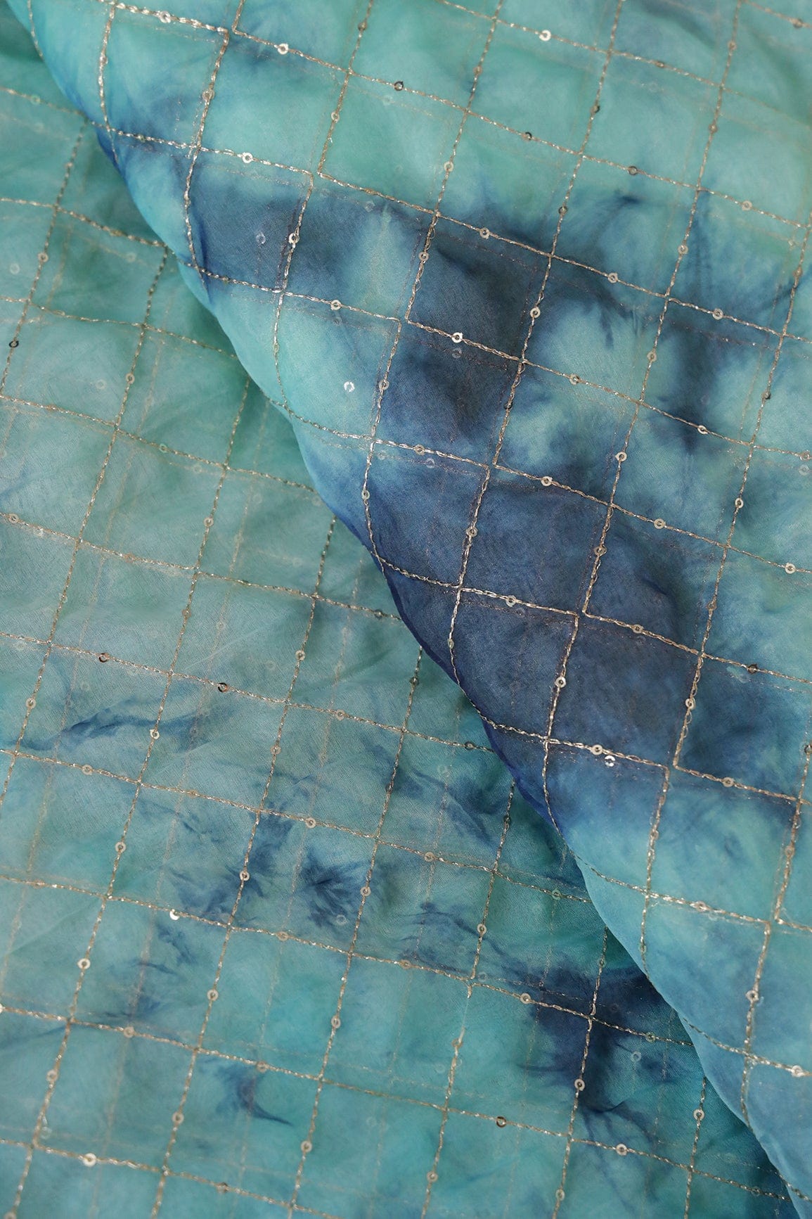 Gold Zari With Gold Sequins Checks Embroidery Work On Tie & Dye Turquoise And Blue Organza Fabric - doeraa