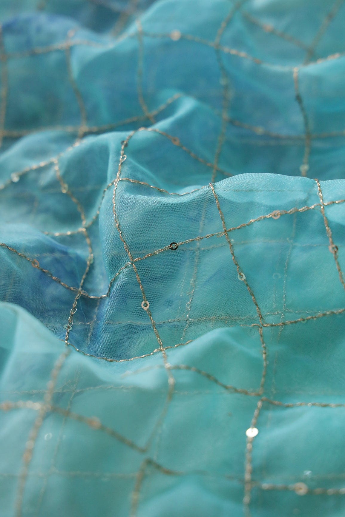 Gold Zari With Gold Sequins Checks Embroidery Work On Tie & Dye Turquoise And Blue Organza Fabric - doeraa