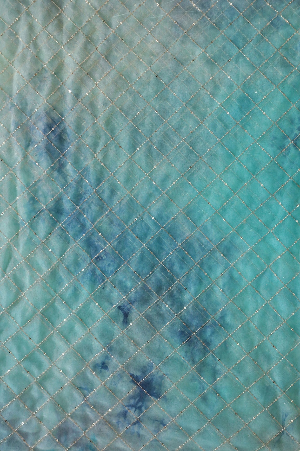 Gold Zari With Gold Sequins Checks Embroidery Work On Tie & Dye Turquoise And Blue Organza Fabric - doeraa