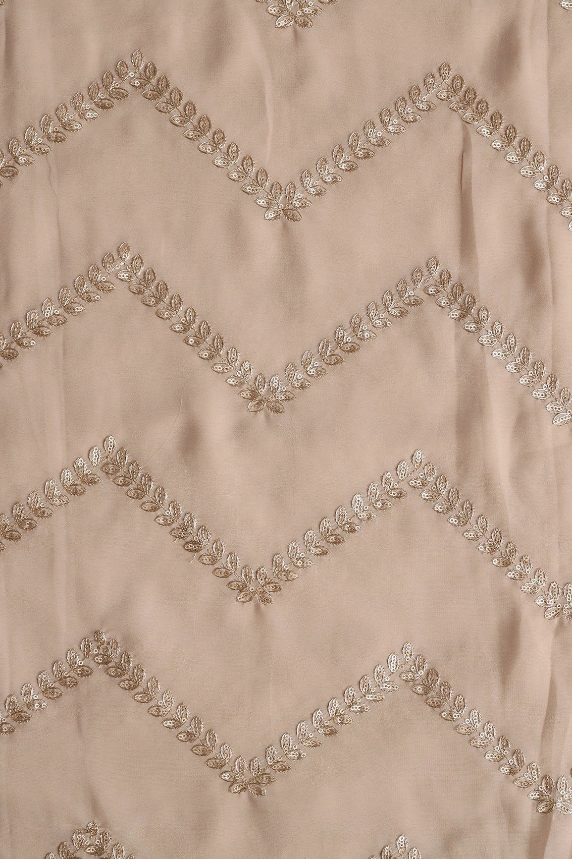 Gold Zari With Gold Sequins Chevron Embroidery Work On Beige Georgette Fabric - doeraa