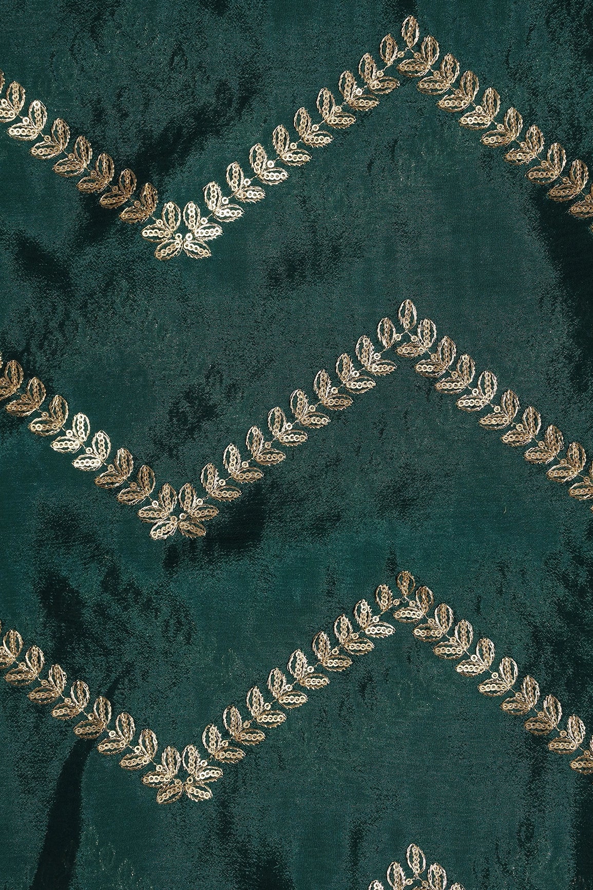 Gold Zari With Gold Sequins Chevron Embroidery Work On Bottle Green Chinnon Chiffon Fabric - doeraa