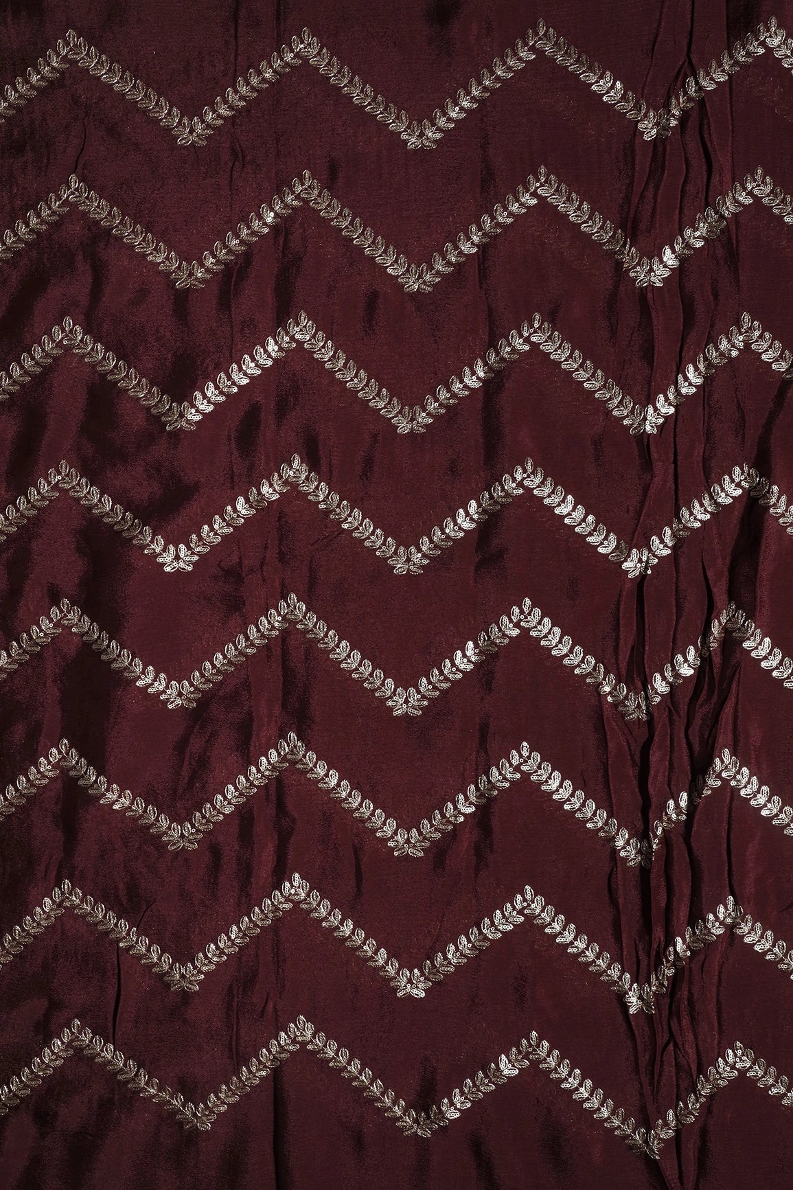 Gold Zari With Gold Sequins Chevron Embroidery Work On Maroon Chinnon Chiffon Fabric - doeraa