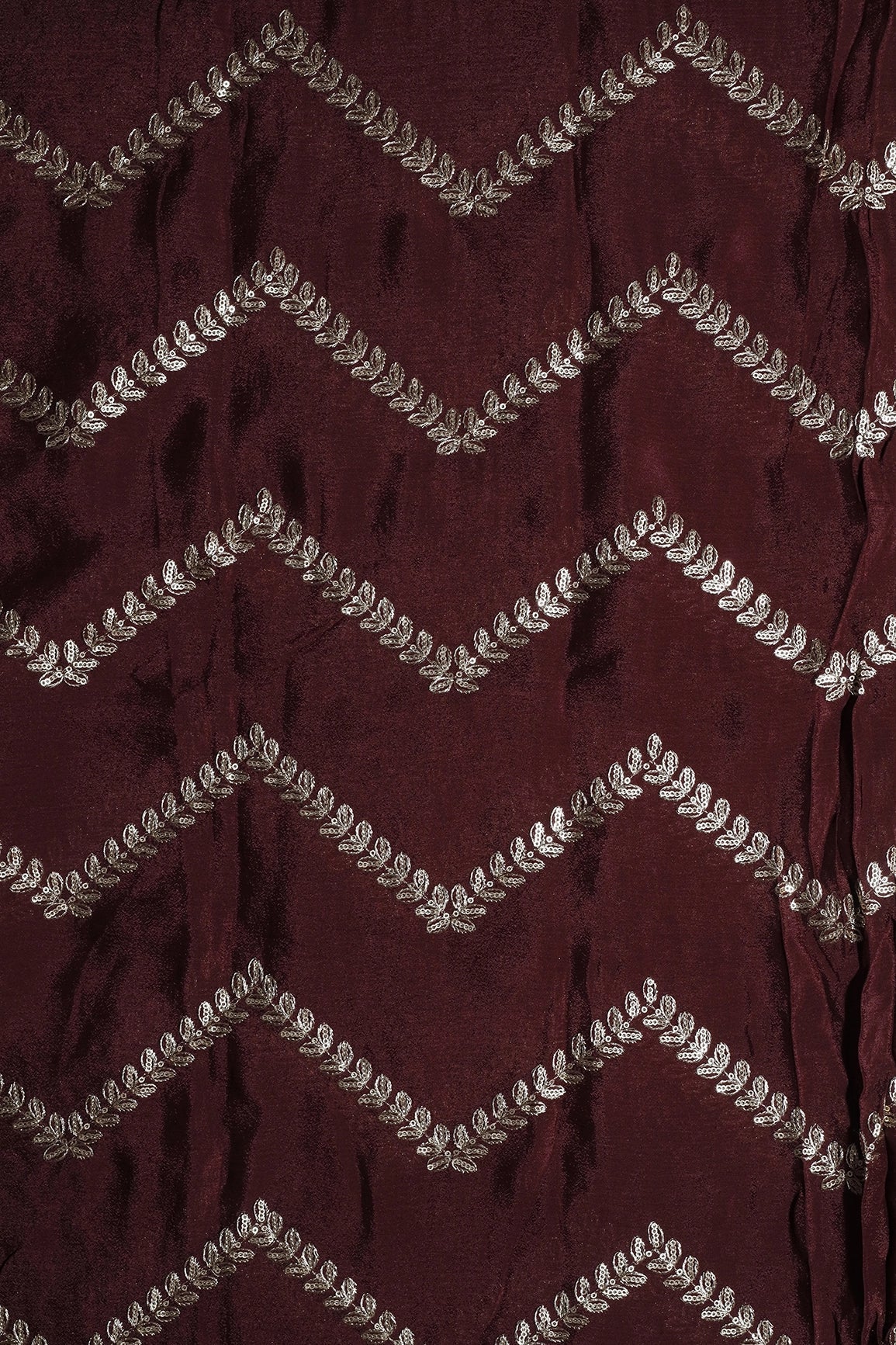 Gold Zari With Gold Sequins Chevron Embroidery Work On Maroon Chinnon Chiffon Fabric - doeraa