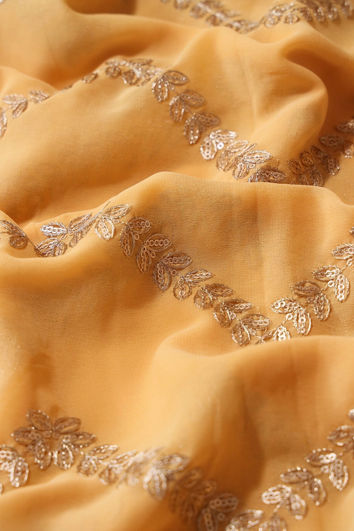 Gold Zari With Gold Sequins Chevron Embroidery Work On Mellow Yellow Georgette Fabric - doeraa