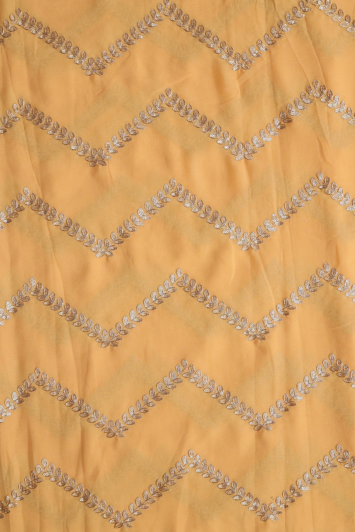 Gold Zari With Gold Sequins Chevron Embroidery Work On Mellow Yellow Georgette Fabric - doeraa