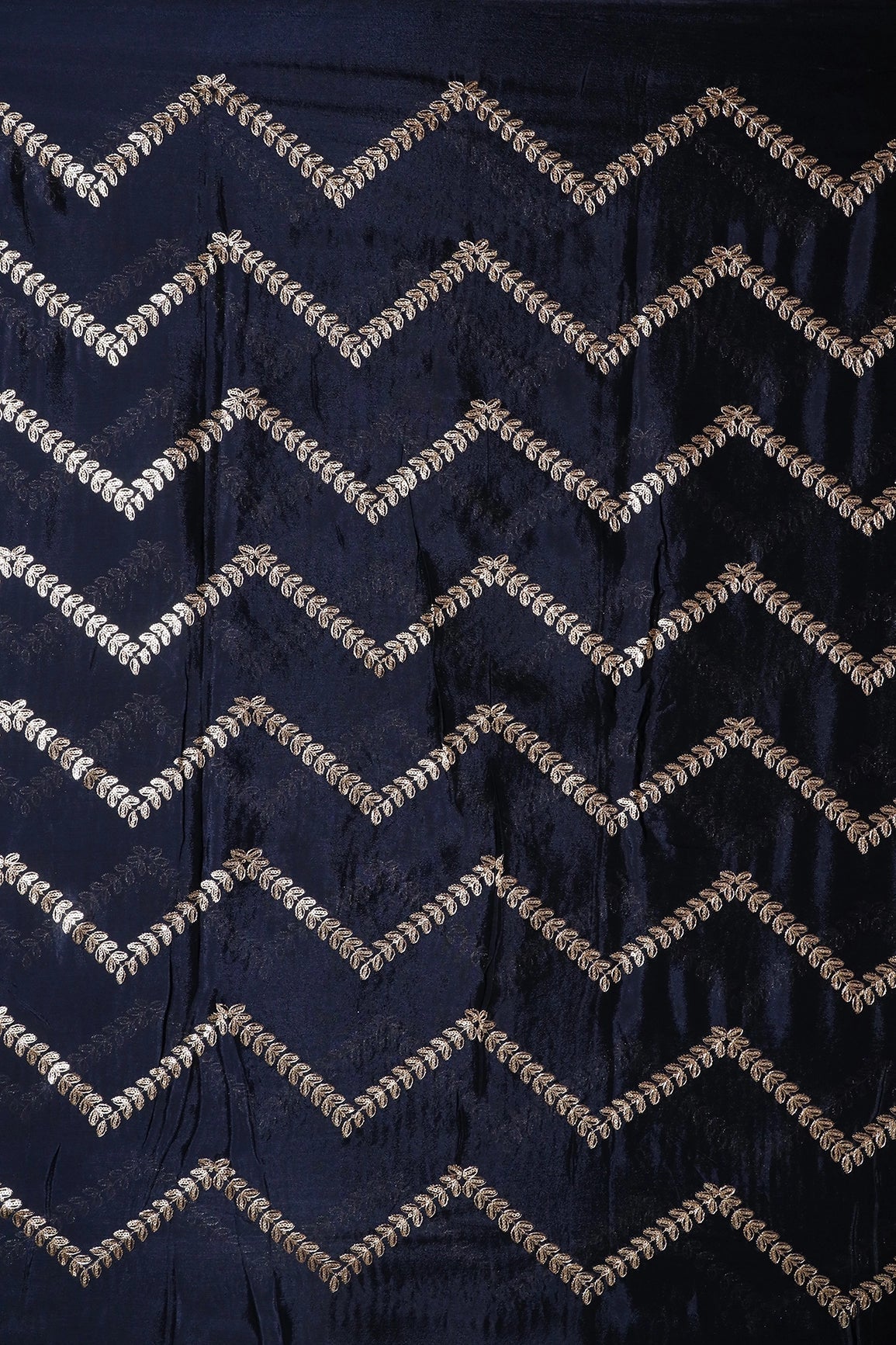 Gold Zari With Gold Sequins Chevron Embroidery Work On Navy Blue Chinnon Chiffon Fabric - doeraa