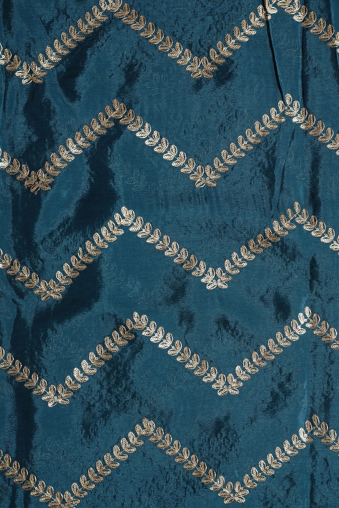 Gold Zari With Gold Sequins Chevron Embroidery Work On Rama Chinnon Chiffon Fabric - doeraa