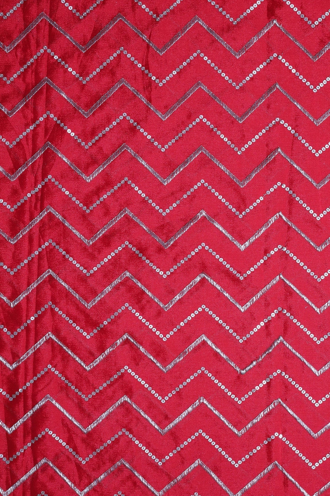 Gold Zari With Gold Sequins Chevron Embroidery Work On Red Chinnon Chiffon Fabric - doeraa