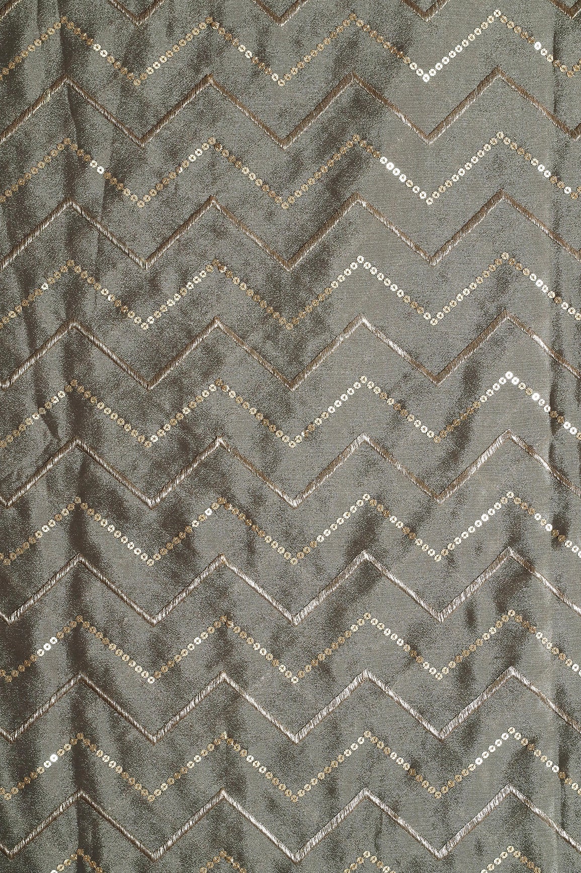 Gold Zari With Gold Sequins Chevron Embroidery Work On Stone Grey Chinnon Chiffon Fabric - doeraa