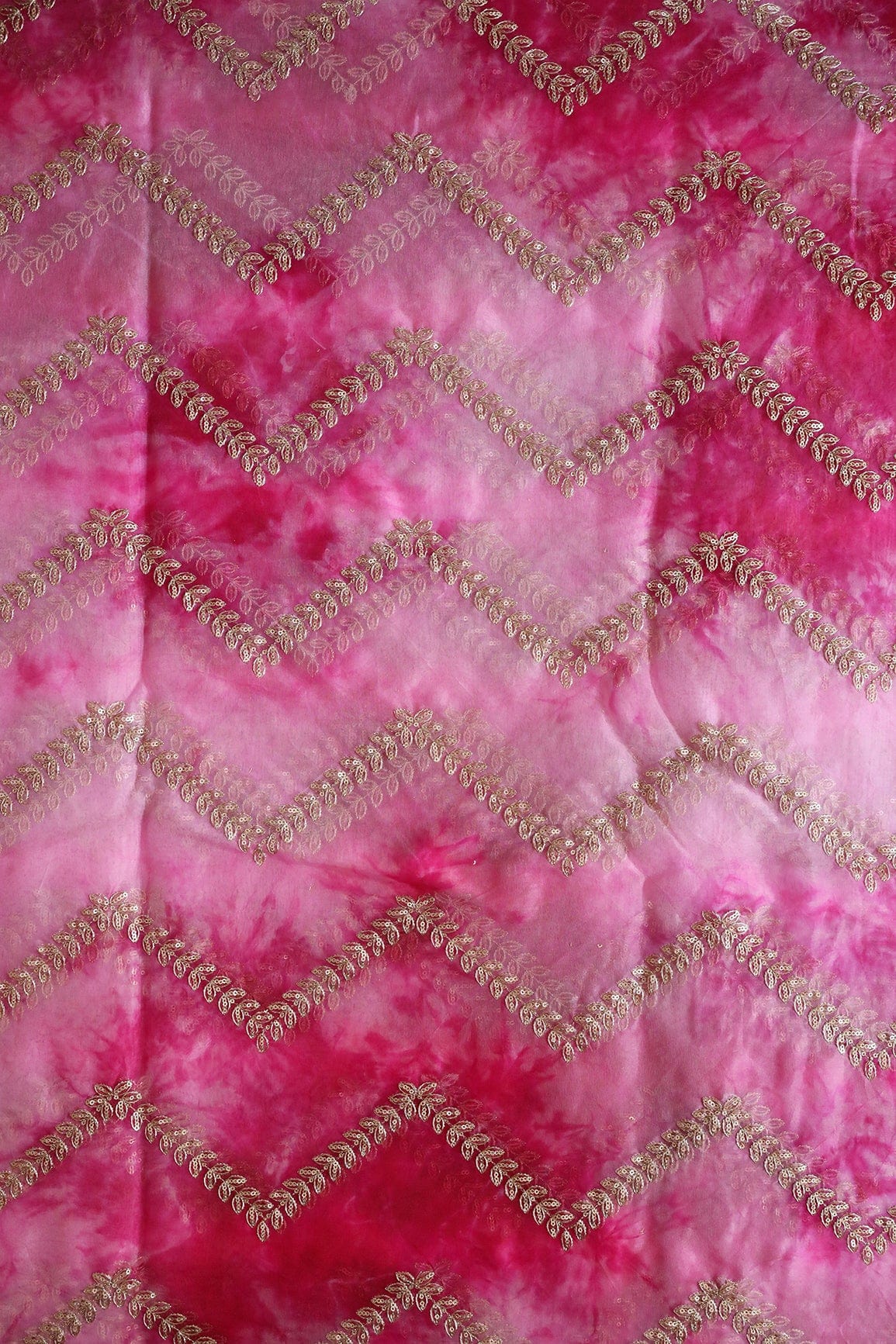 Gold Zari With Gold Sequins Chevron Embroidery Work On Tie & Dye Fuchsia Organza Fabric - doeraa