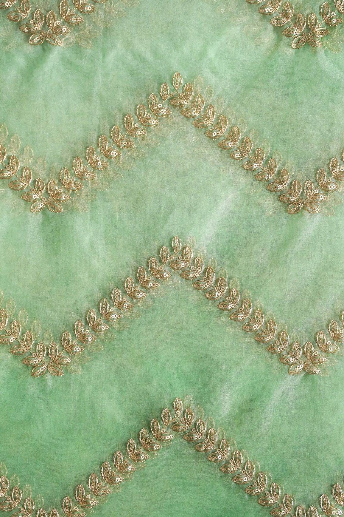 Gold Zari With Gold Sequins Chevron Embroidery Work On Tie & Dye Olive Organza Fabric - doeraa