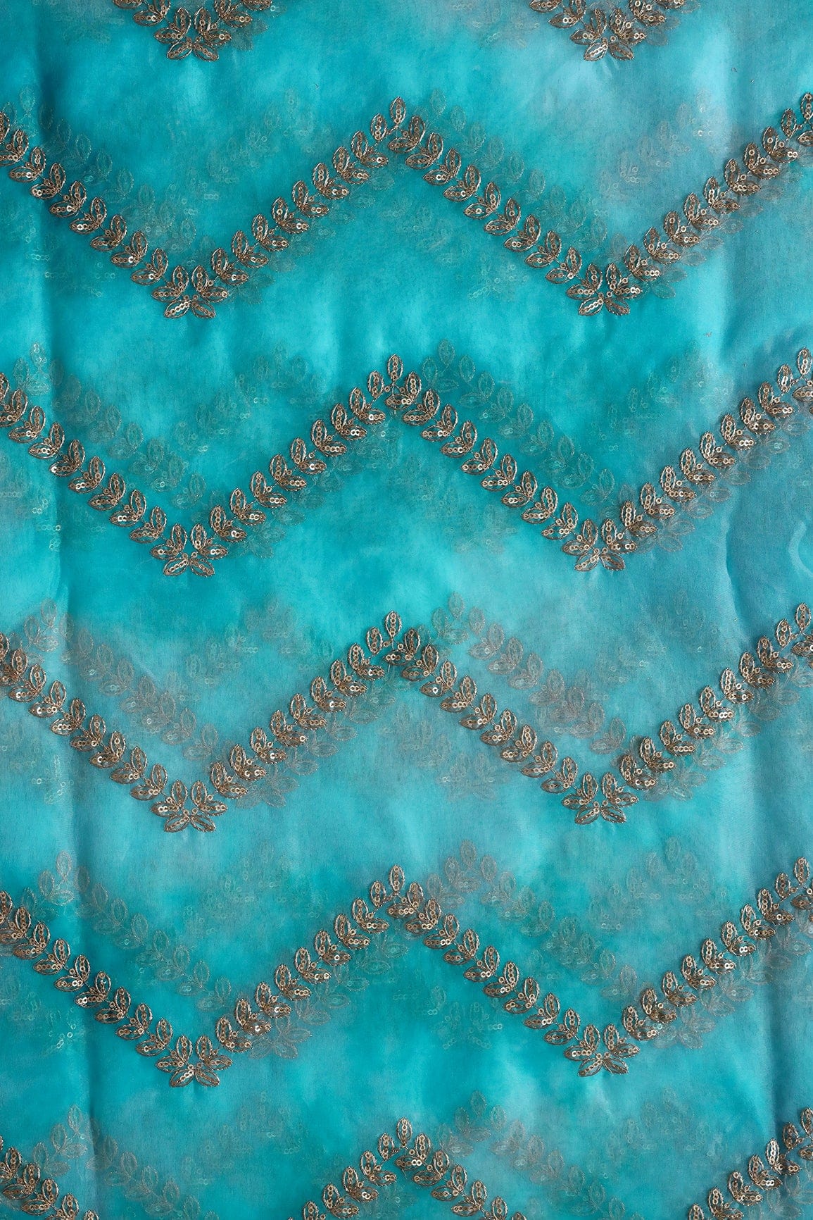 Gold Zari With Gold Sequins Chevron Embroidery Work On Tie & Dye Sky Blue Organza Fabric - doeraa