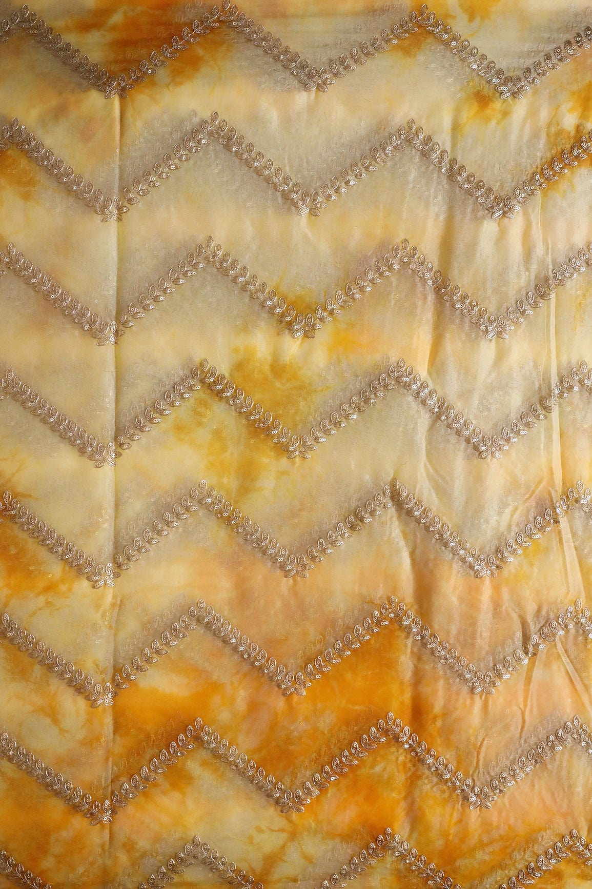 Gold Zari With Gold Sequins Chevron Embroidery Work On Tie & Dye Yellow Organza Fabric - doeraa