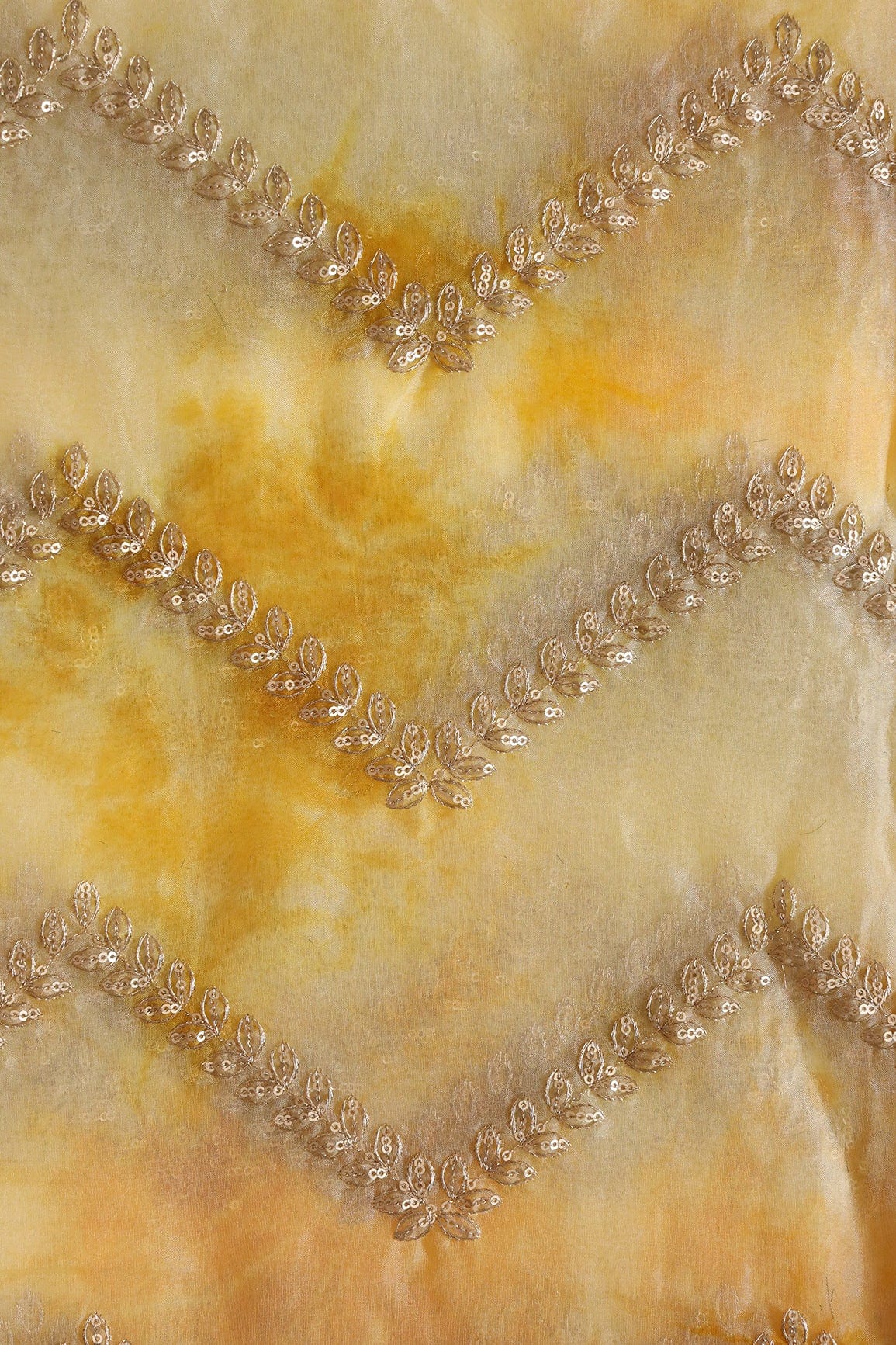 Gold Zari With Gold Sequins Chevron Embroidery Work On Tie & Dye Yellow Organza Fabric - doeraa