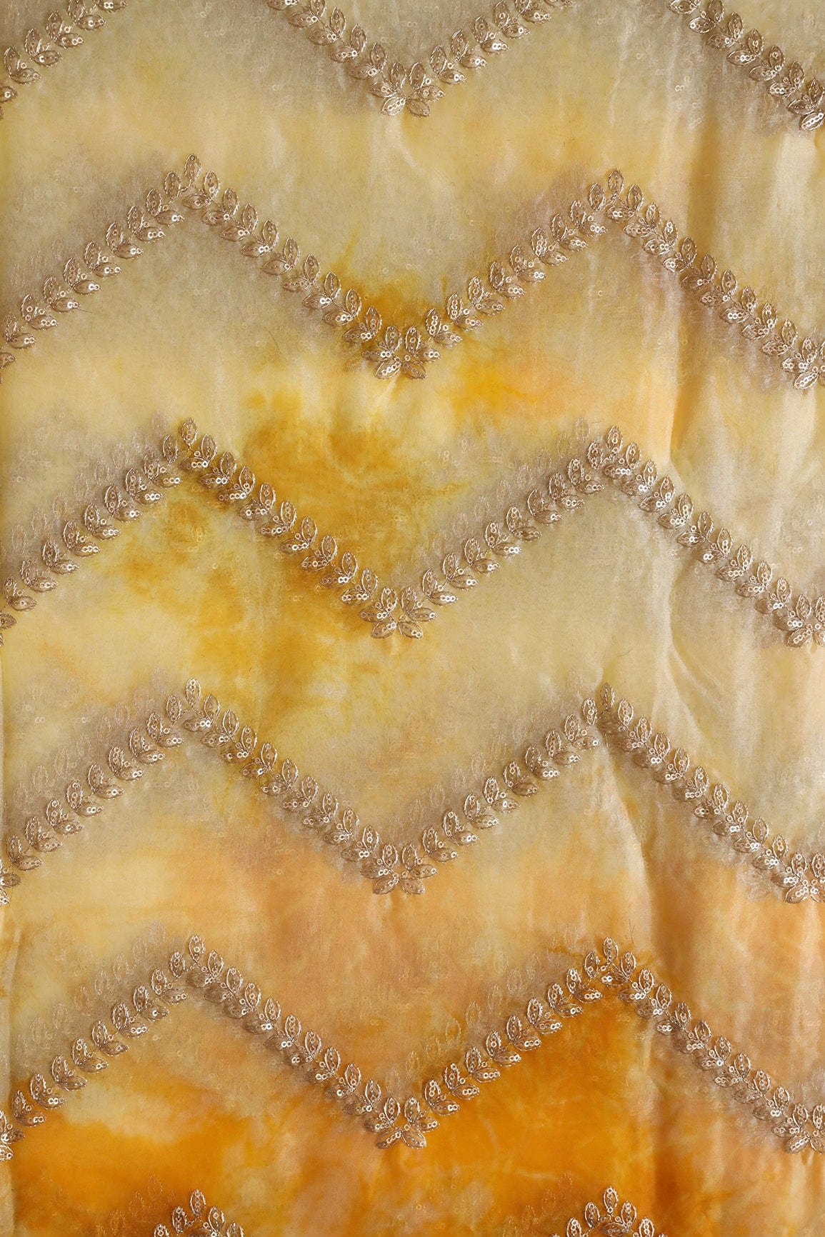 Gold Zari With Gold Sequins Chevron Embroidery Work On Tie & Dye Yellow Organza Fabric - doeraa