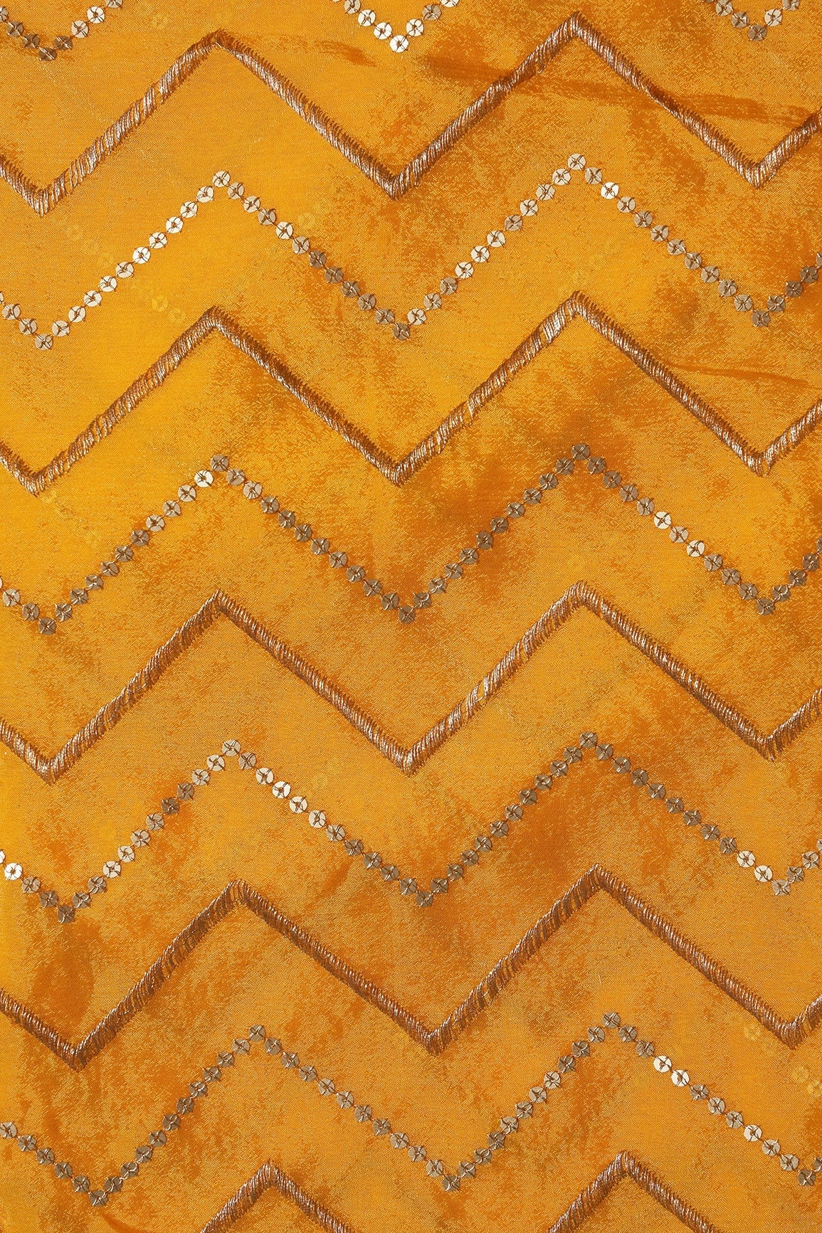Gold Zari With Gold Sequins Chevron Embroidery Work On Yellow Chinnon Chiffon Fabric - doeraa