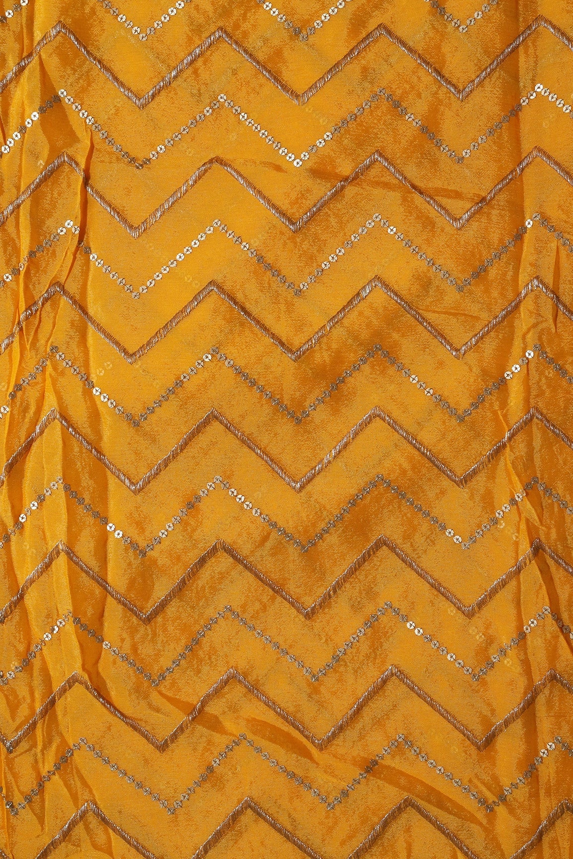 Gold Zari With Gold Sequins Chevron Embroidery Work On Yellow Chinnon Chiffon Fabric - doeraa