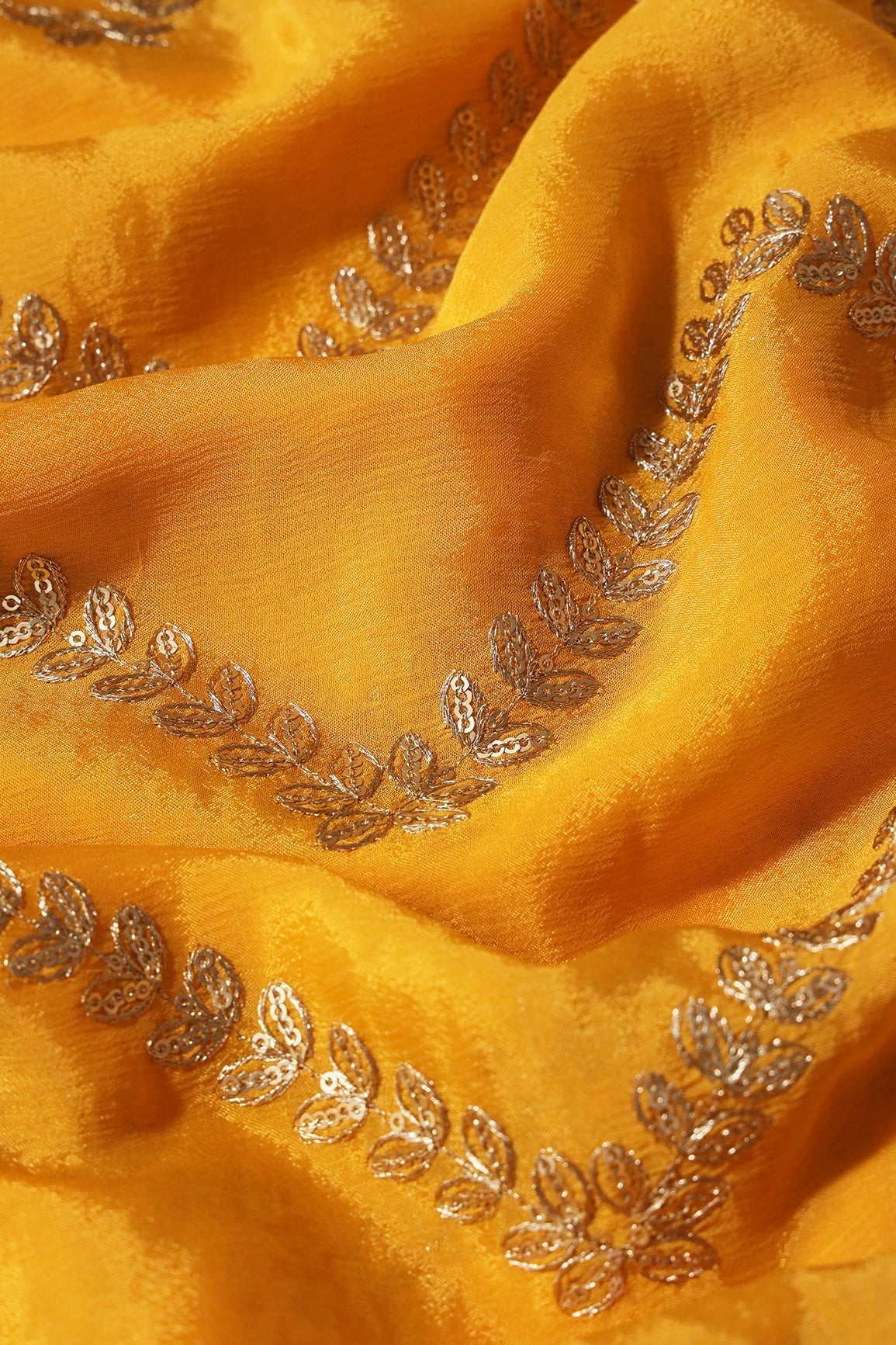 Gold Zari With Gold Sequins Chevron Embroidery Work On Yellow Chinnon Chiffon Fabric - doeraa
