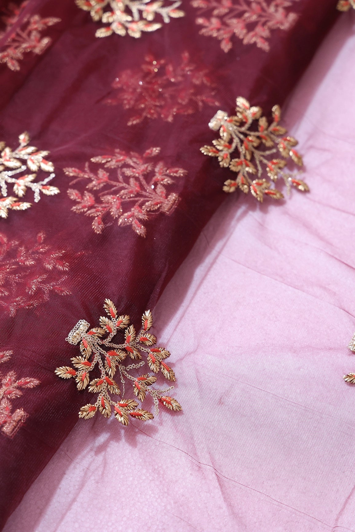 Gold Zari With Gold Sequins Floral Butta Embroidery On Maroon Soft Net Fabric - doeraa