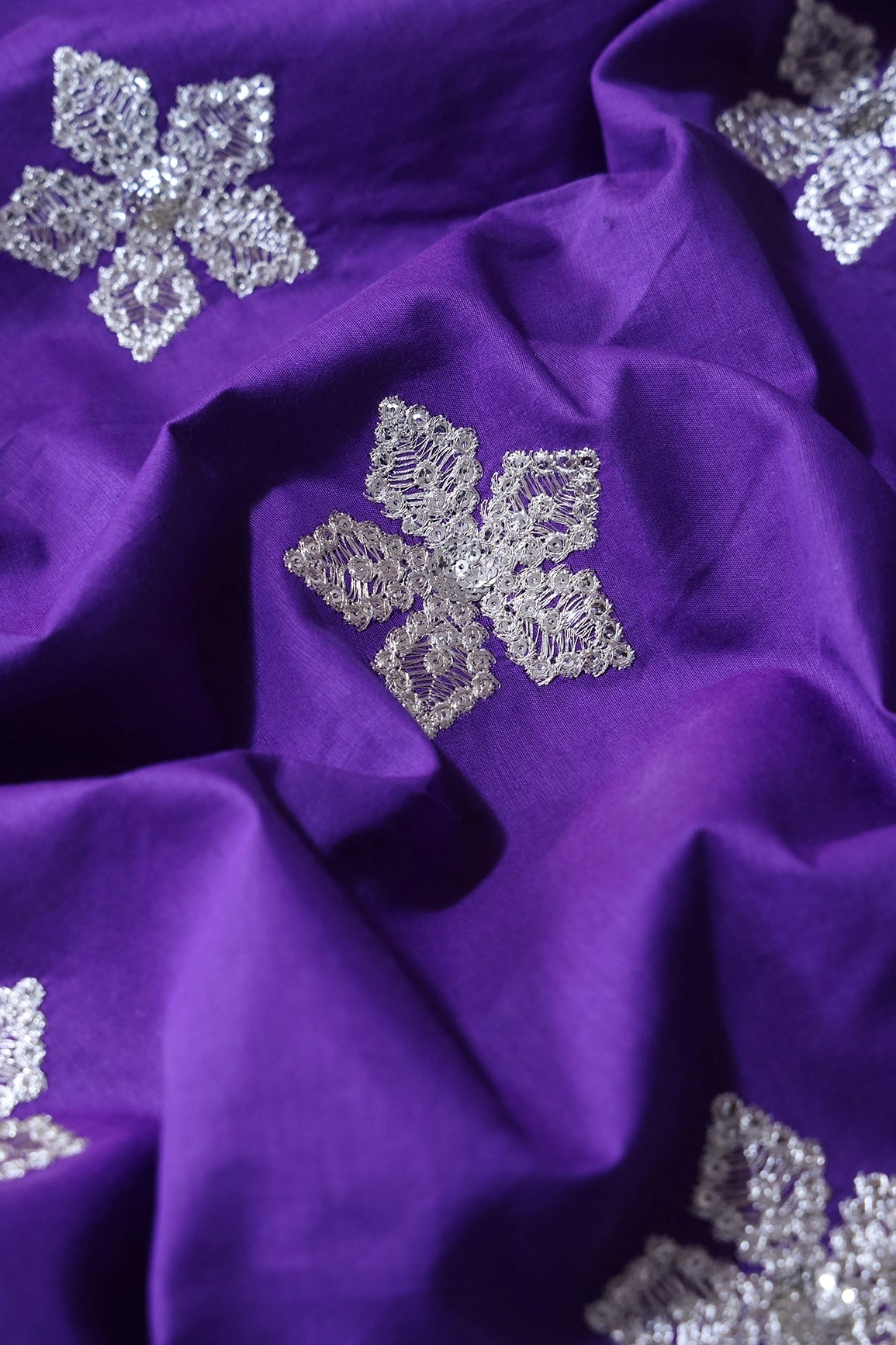 Gold Zari With Gold Sequins Floral Embroidery On Violet Cotton Fabric - doeraa