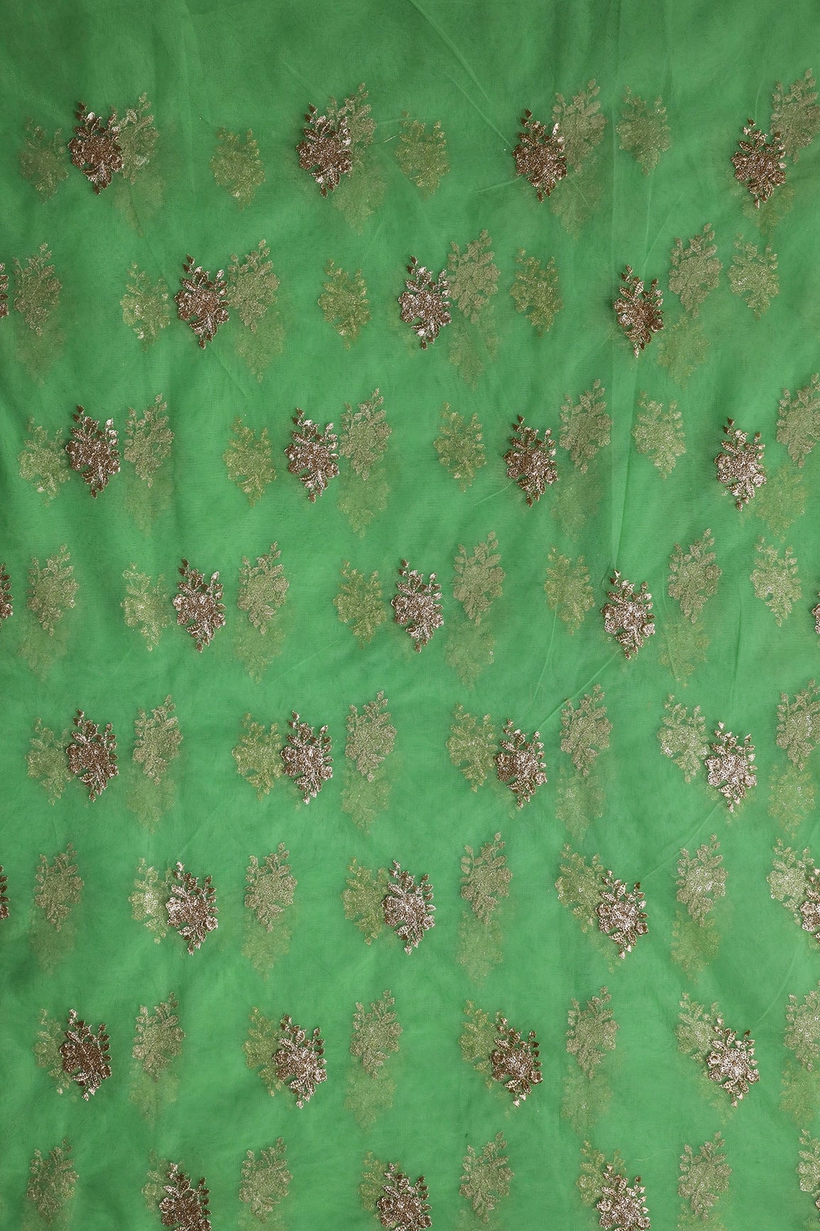 Gold Zari With Gold Sequins Floral Embroidery Work On Light Green Soft Net Fabric - doeraa