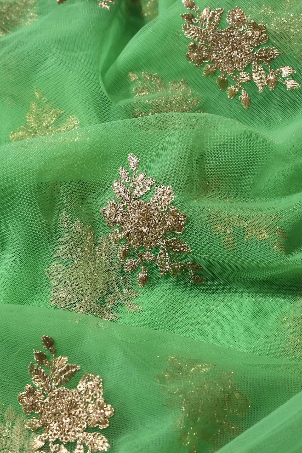 Gold Zari With Gold Sequins Floral Embroidery Work On Light Green Soft Net Fabric - doeraa