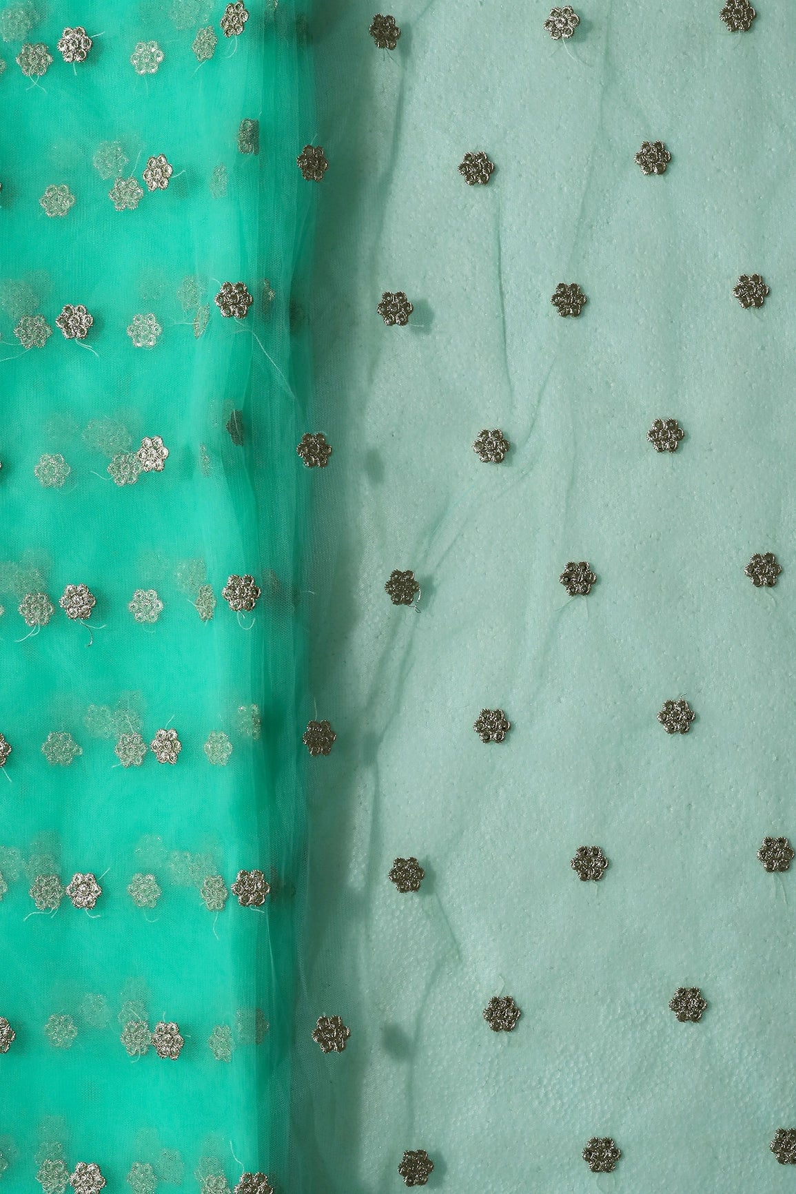 Gold Zari With Gold Sequins Small Booti Embroidery Work On Sea Green Soft Net Fabric - doeraa