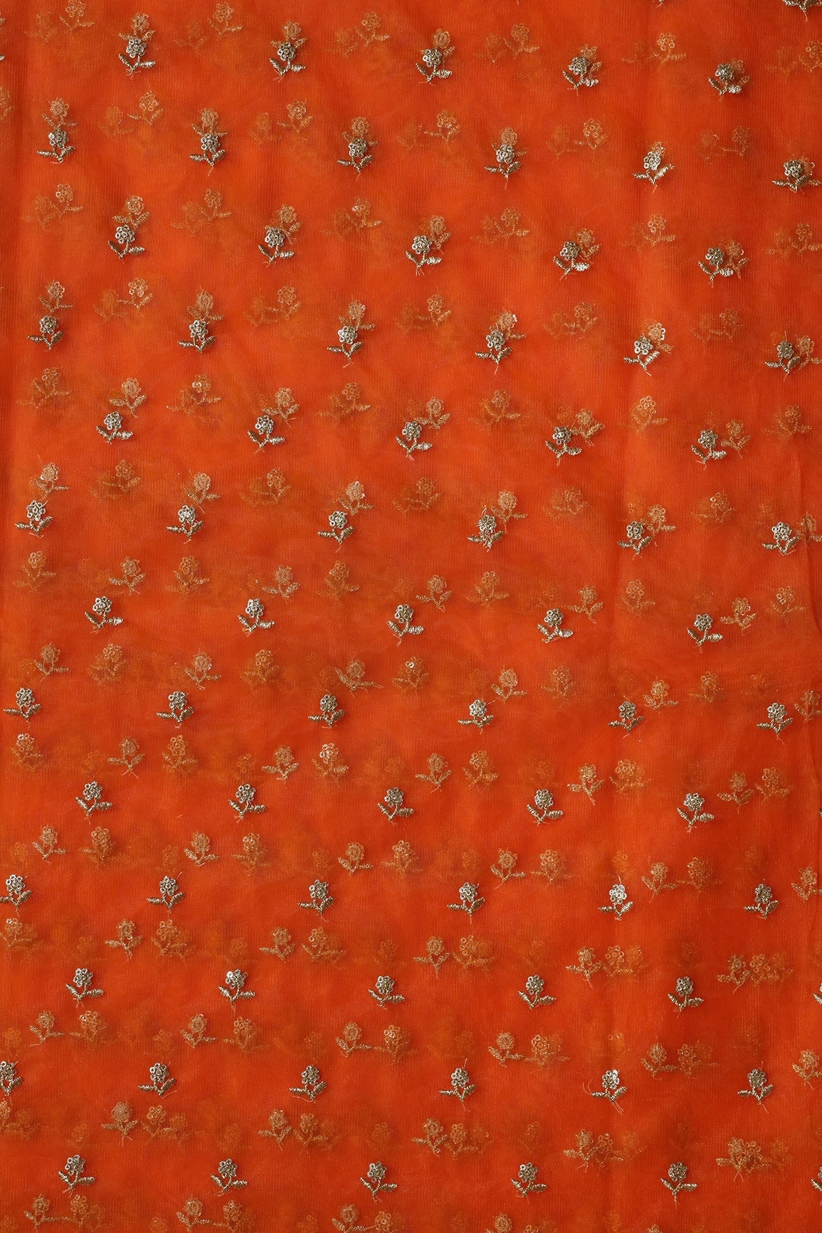 Gold Zari With Gold Sequins Small Floral Booti Embroidery Work On Dark Orange Soft Net Fabric - doeraa