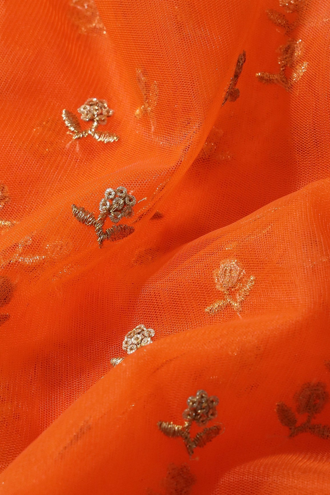 Gold Zari With Gold Sequins Small Floral Booti Embroidery Work On Dark Orange Soft Net Fabric - doeraa