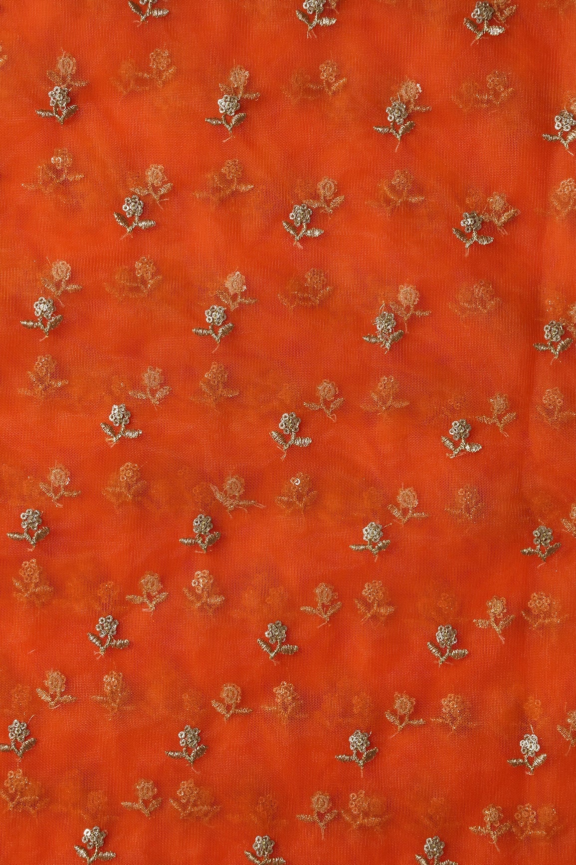 Gold Zari With Gold Sequins Small Floral Booti Embroidery Work On Dark Orange Soft Net Fabric - doeraa