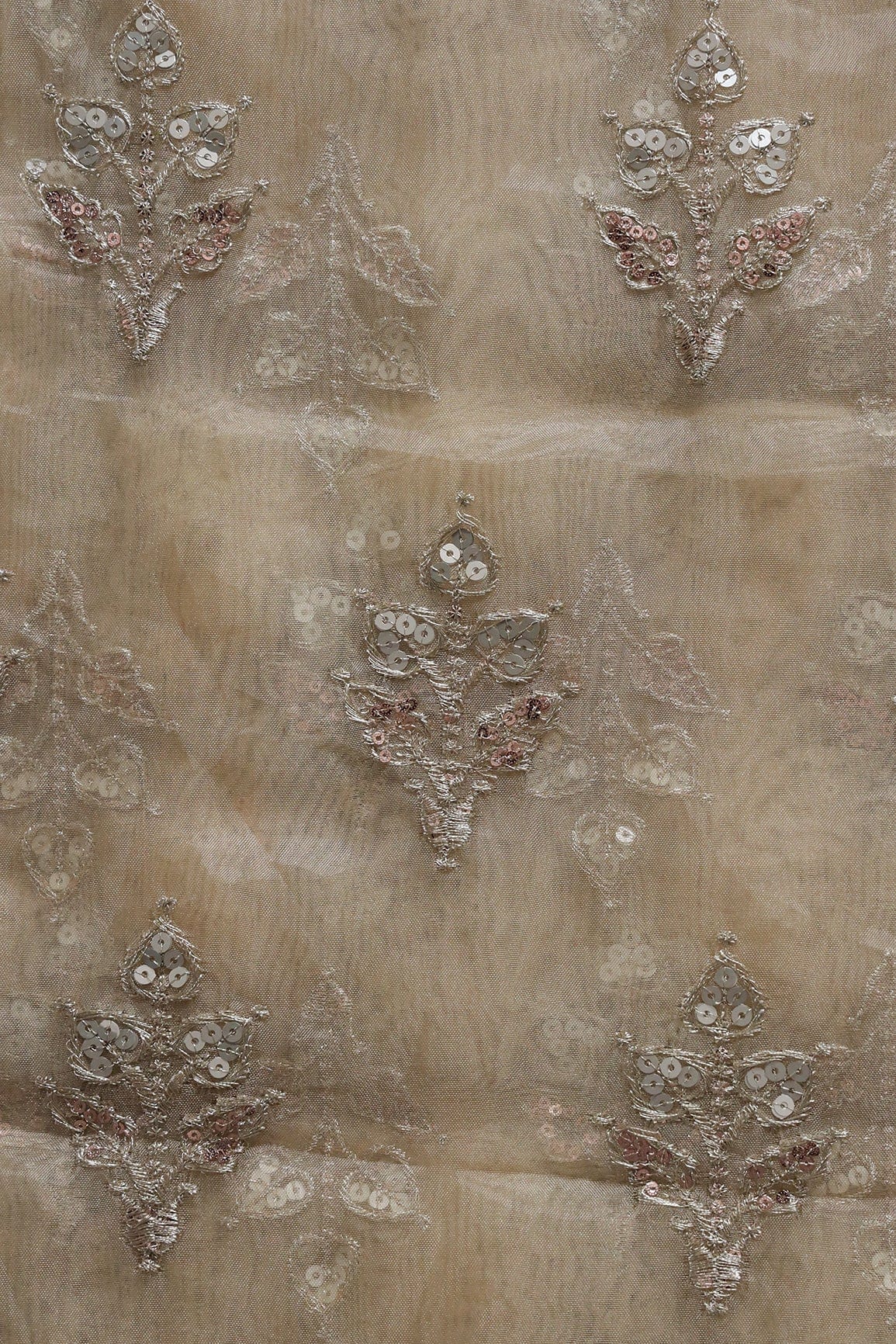 Gold Zari With Sequins Beautiful Leafy Embroidery Work On Beige Tissue Fabric - doeraa