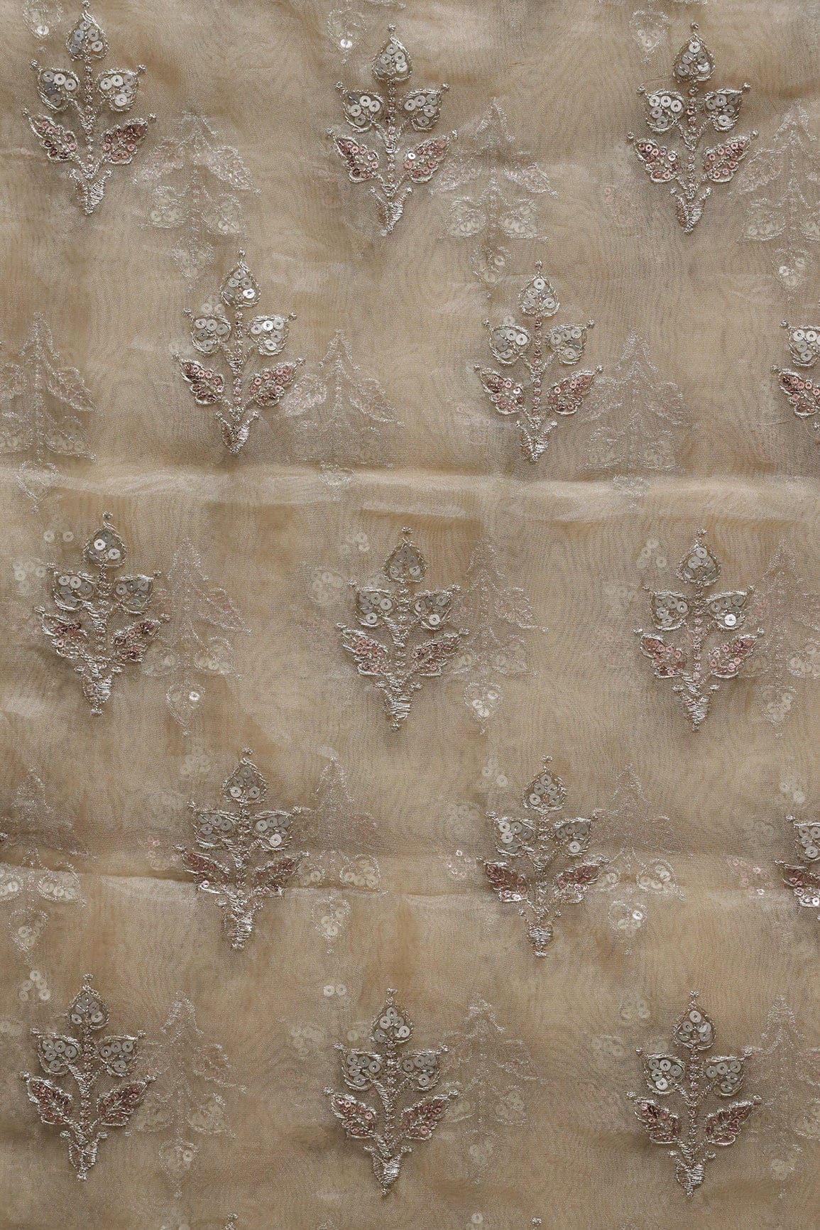 Gold Zari With Sequins Beautiful Leafy Embroidery Work On Beige Tissue Fabric - doeraa