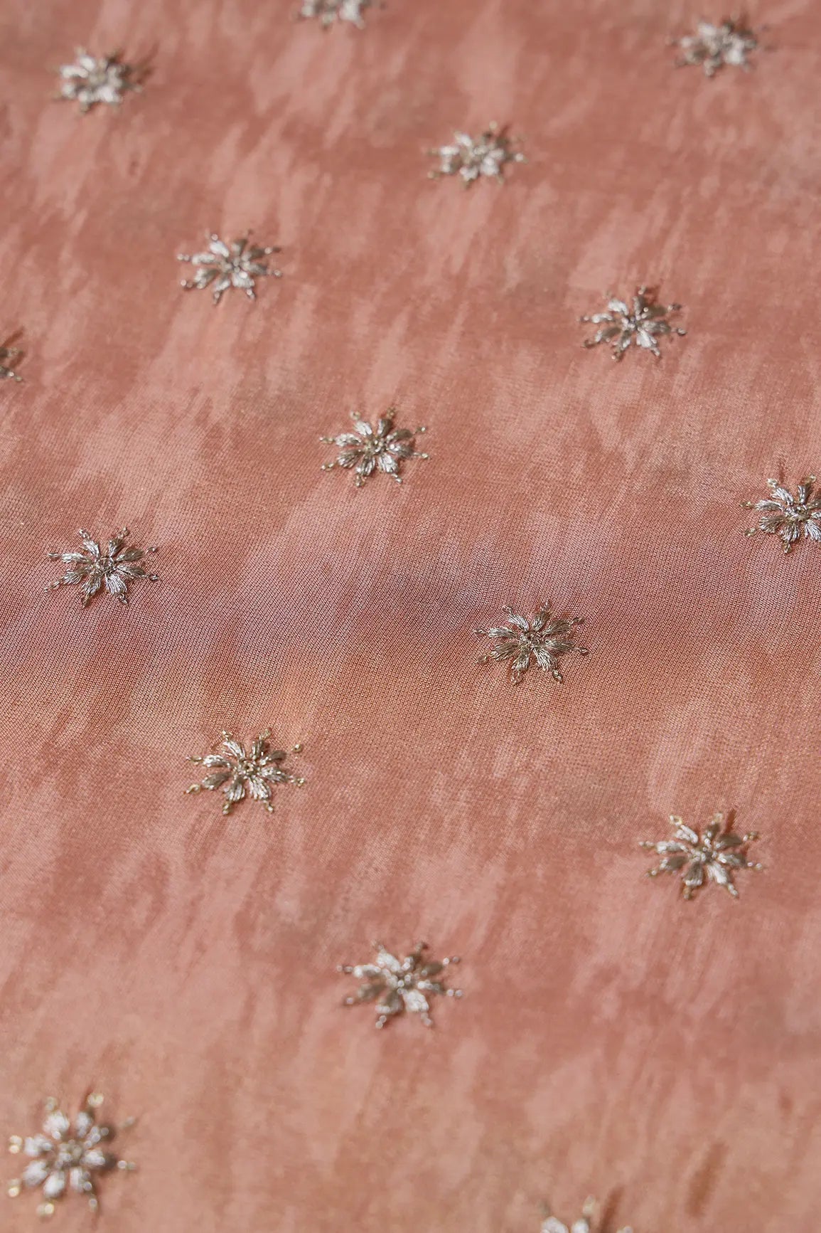 Gold Zari With Sequins Small Floral Booti Embroidery Work On Peach Pure Viscose Zari Tissue Fabric - doeraa