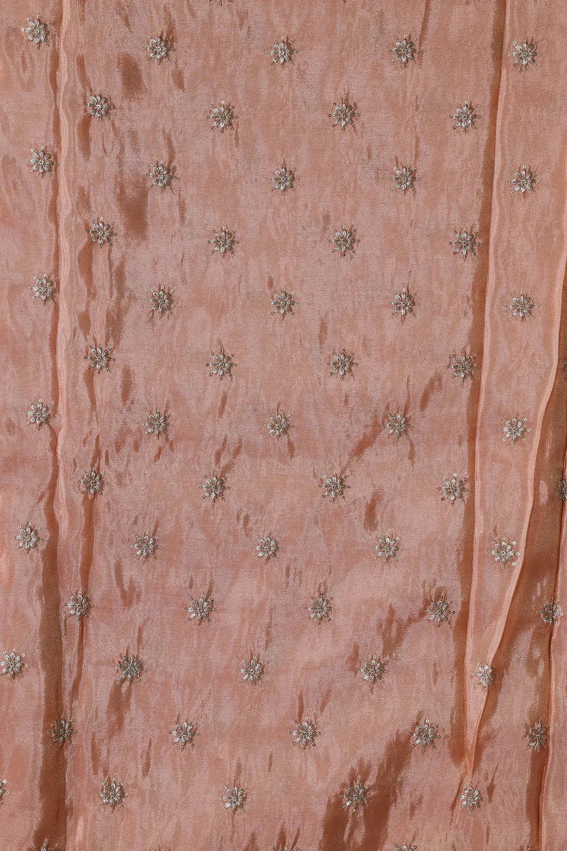 Gold Zari With Sequins Small Floral Booti Embroidery Work On Peach Pure Viscose Zari Tissue Fabric - doeraa