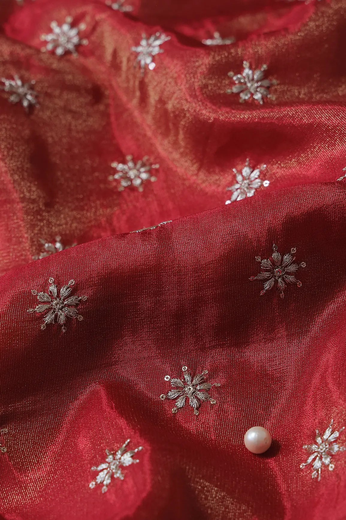 Gold Zari With Sequins Small Floral Booti Embroidery Work On Red Pure Viscose Zari Tissue Fabric - doeraa