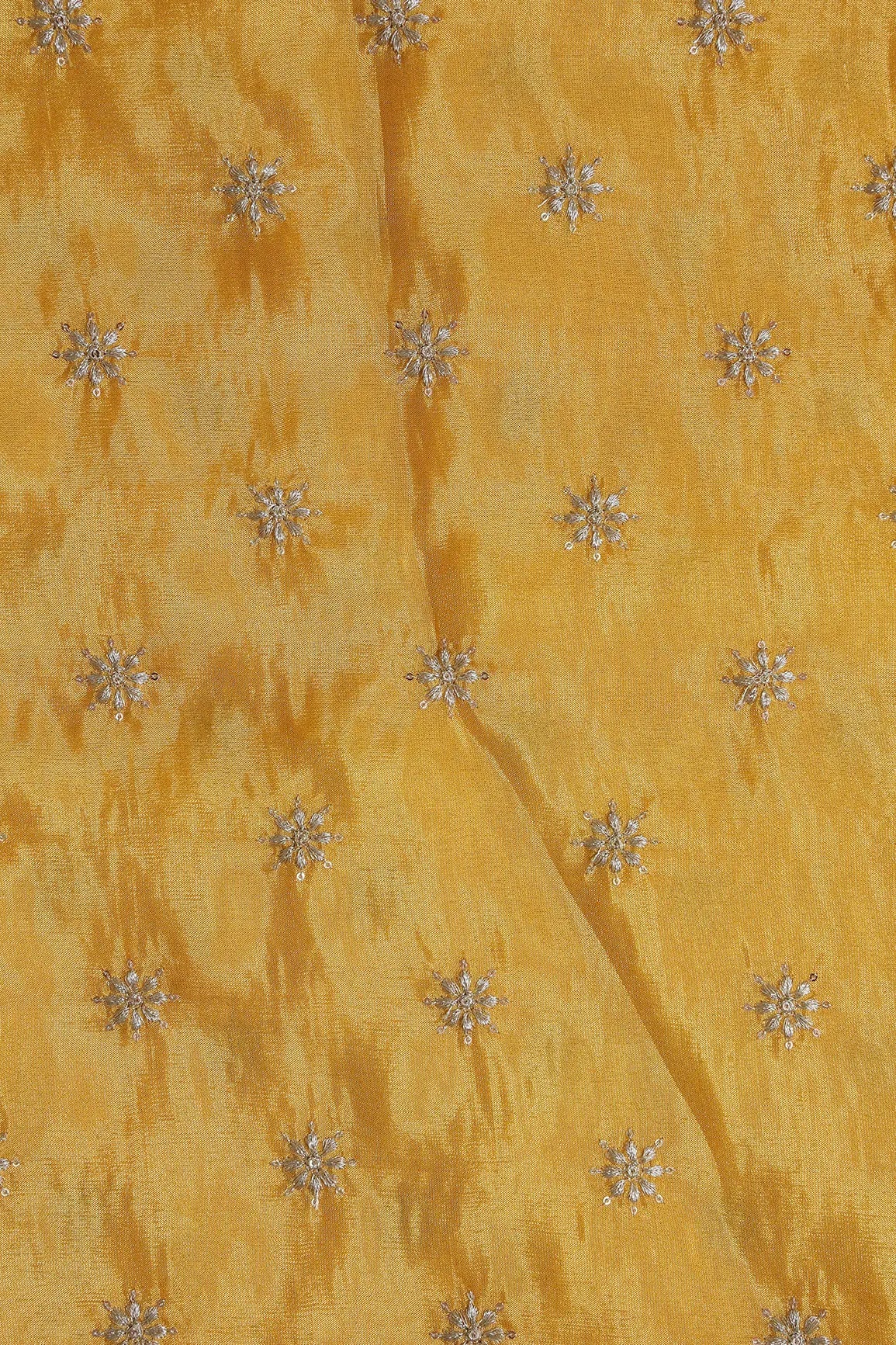 Gold Zari With Sequins Small Floral Booti Embroidery Work On Yellow Pure Viscose Zari Tissue Fabric - doeraa