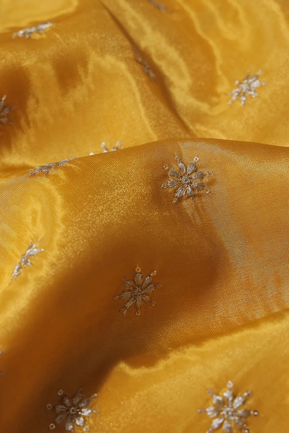 Gold Zari With Sequins Small Floral Booti Embroidery Work On Yellow Pure Viscose Zari Tissue Fabric - doeraa