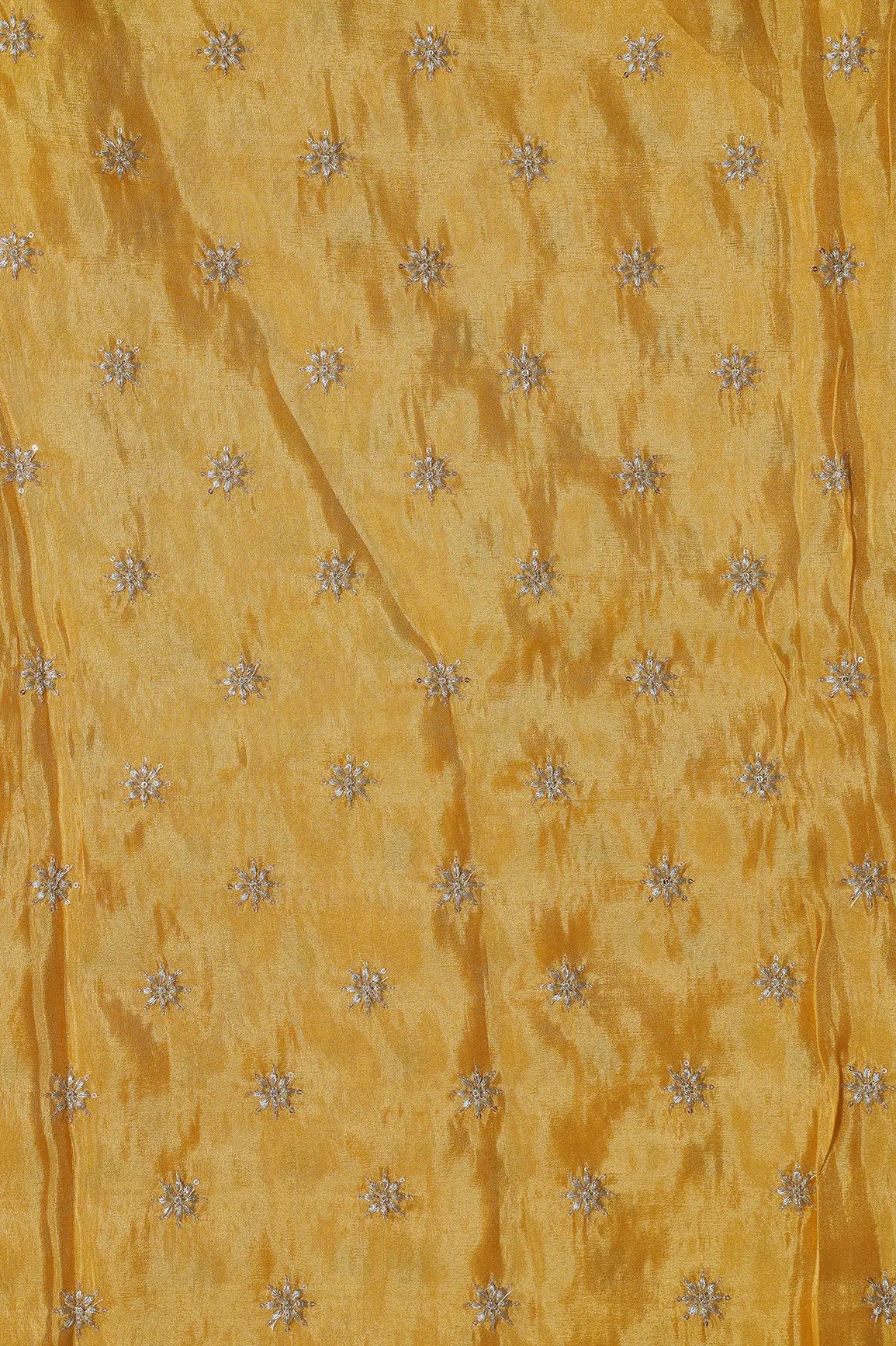 Gold Zari With Sequins Small Floral Booti Embroidery Work On Yellow Pure Viscose Zari Tissue Fabric - doeraa