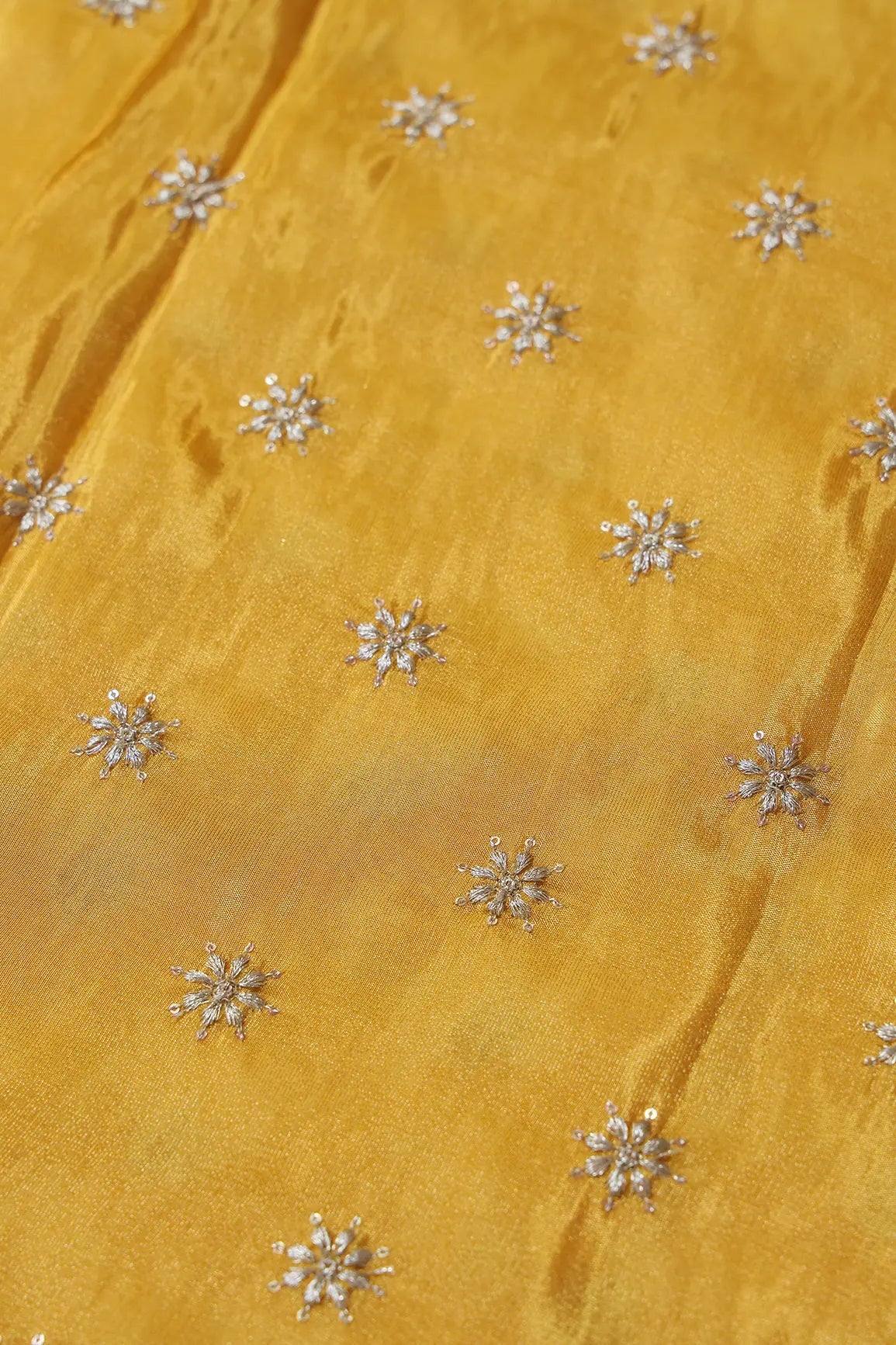Gold Zari With Sequins Small Floral Booti Embroidery Work On Yellow Pure Viscose Zari Tissue Fabric - doeraa