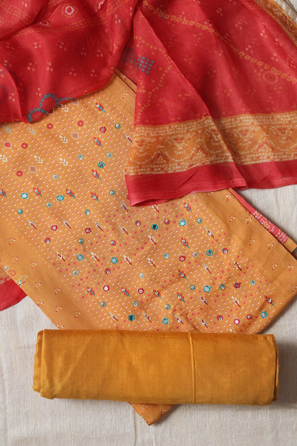 Golden Yellow Semi Stitched Pure Muslin Suit Set (3 piece) - doeraa