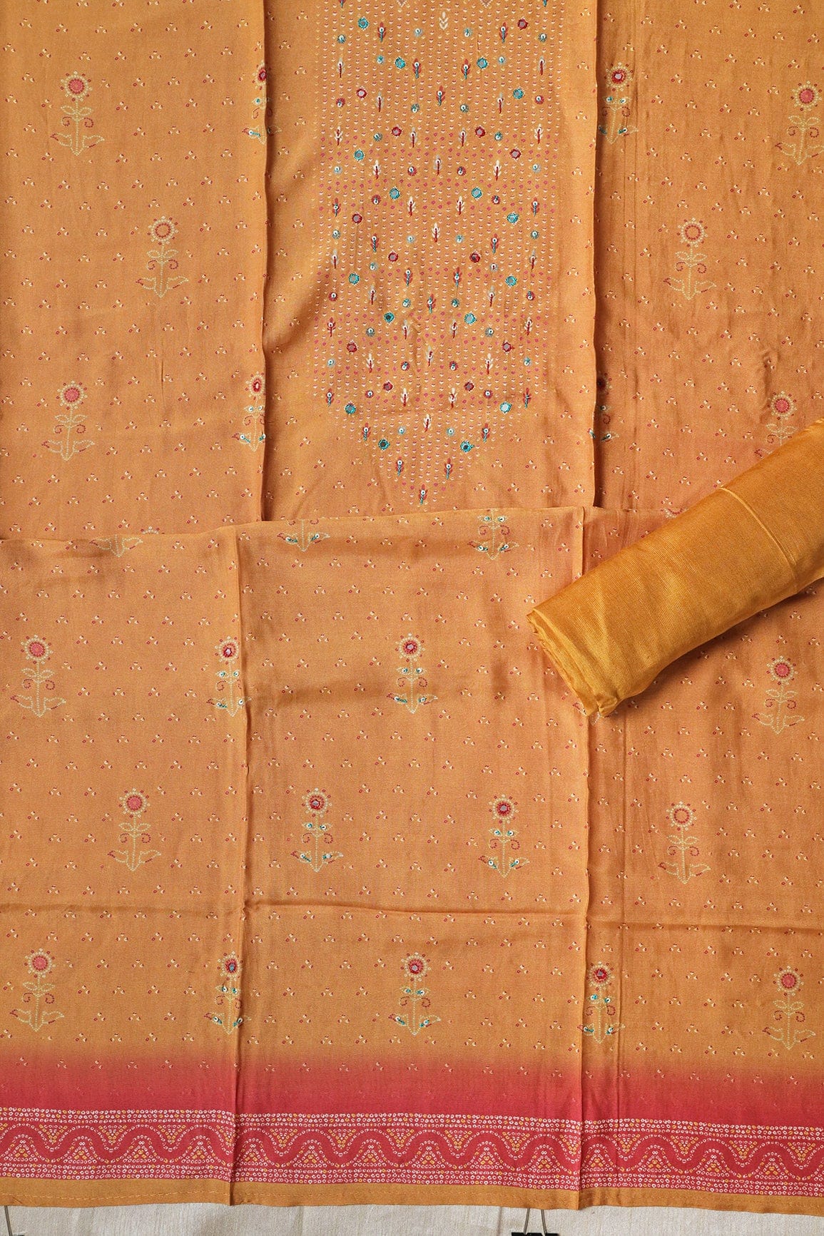 Golden Yellow Semi Stitched Pure Muslin Suit Set (3 piece) - doeraa