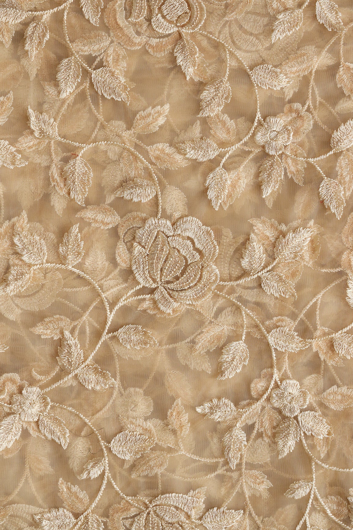 Gorgeous Beige Thread With Sequins Floral Leafy Embroidery On Beige Soft Net Fabric - doeraa