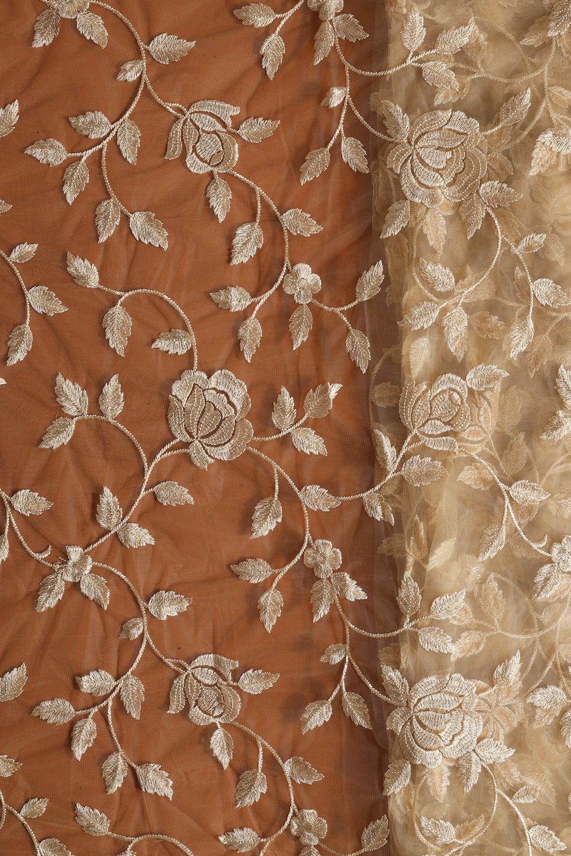 Gorgeous Beige Thread With Sequins Floral Leafy Embroidery On Beige Soft Net Fabric - doeraa