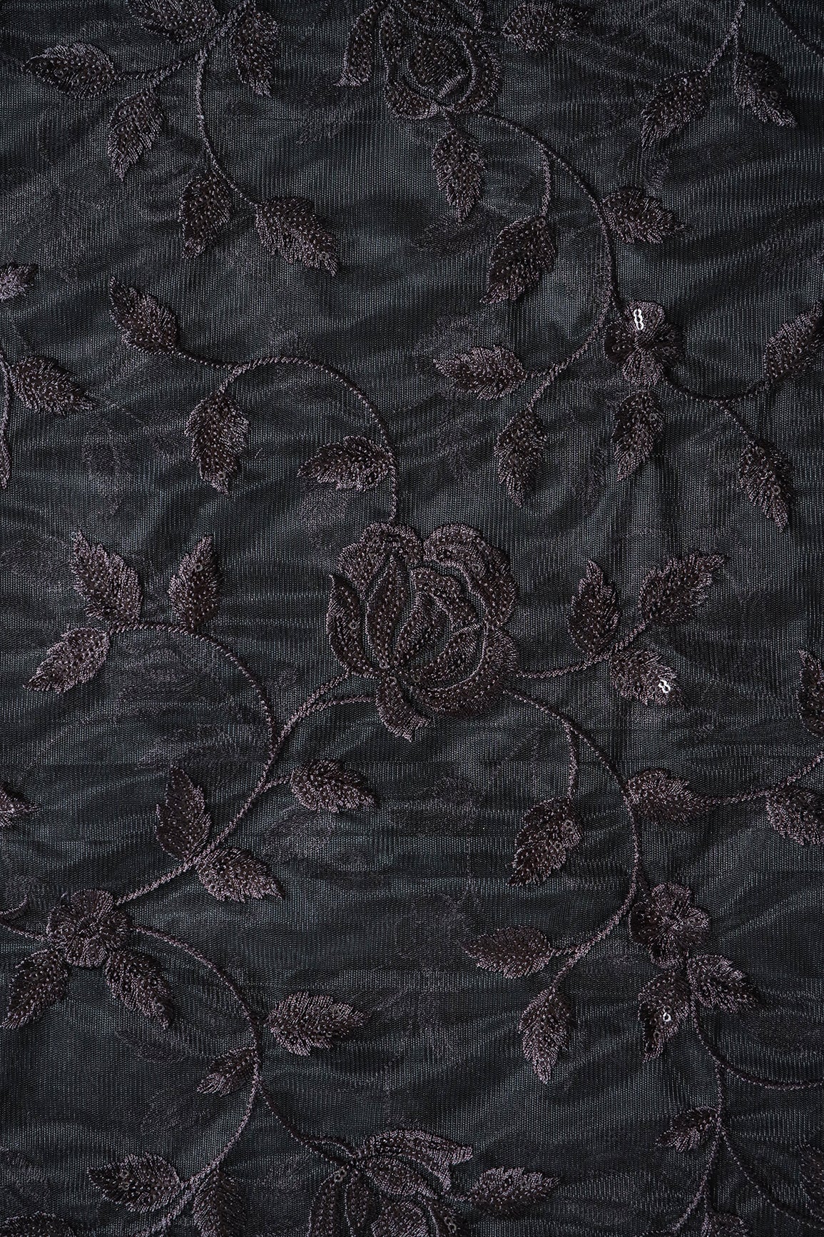 Gorgeous Black Thread With Sequins Floral Leafy Embroidery On Black Soft Net Fabric - doeraa