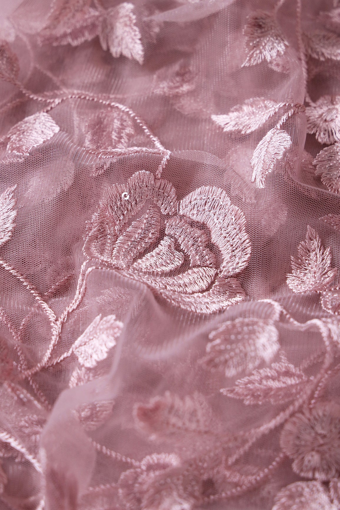 Gorgeous Mauve Thread With Sequins Floral Leafy Embroidery On Mauve Soft Net Fabric - doeraa