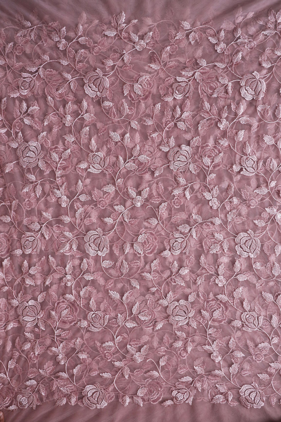 Gorgeous Mauve Thread With Sequins Floral Leafy Embroidery On Mauve Soft Net Fabric - doeraa