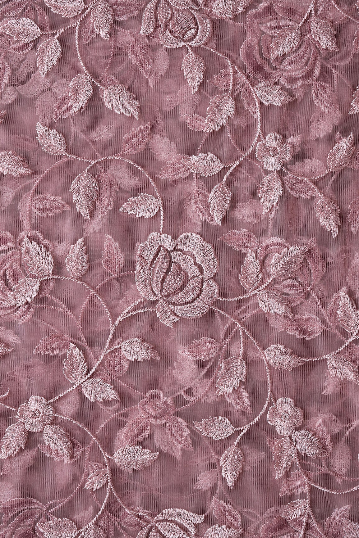 Gorgeous Mauve Thread With Sequins Floral Leafy Embroidery On Mauve Soft Net Fabric - doeraa