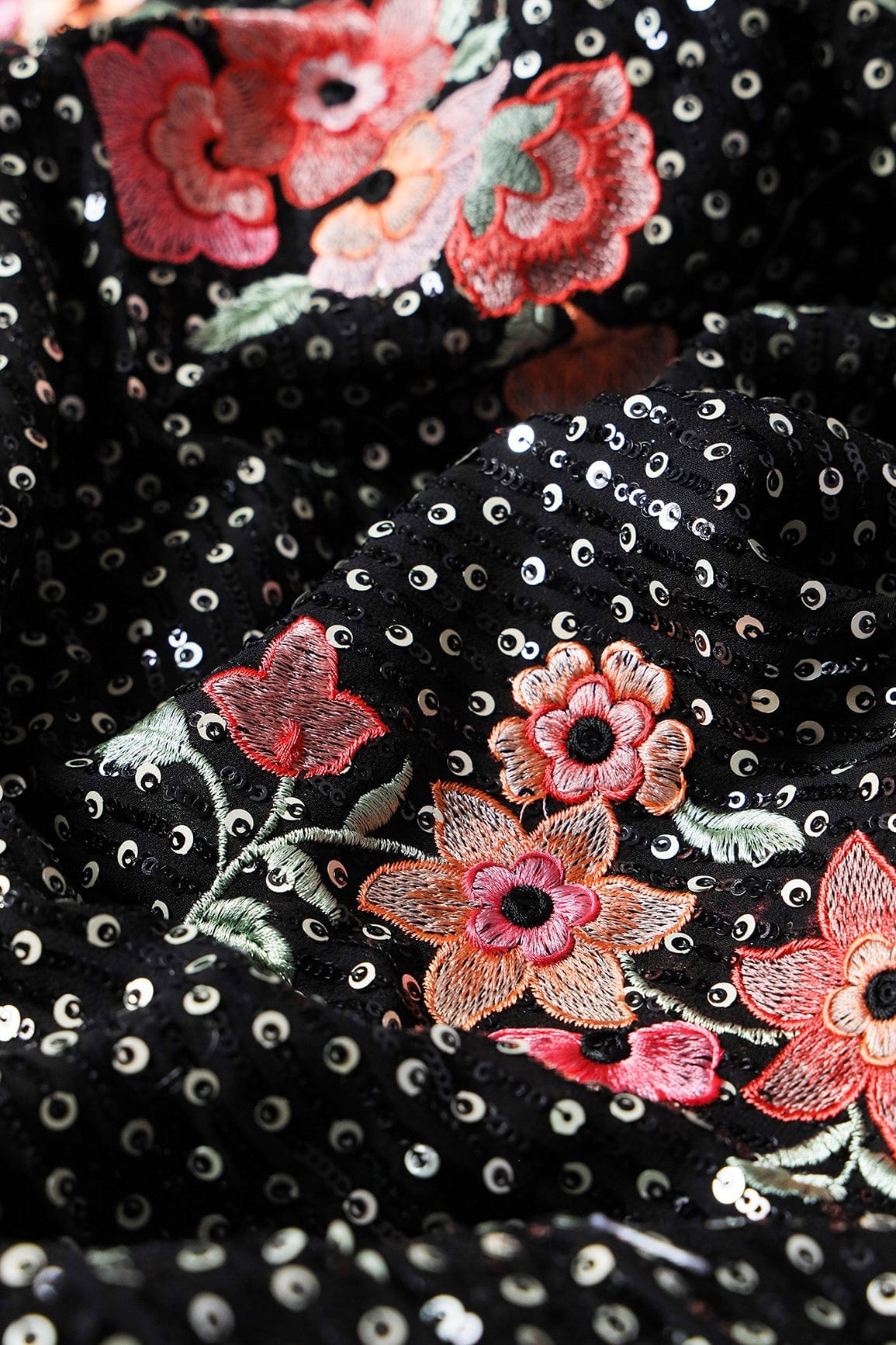 Gorgeous Multi Color Floral Embroidery With Sequins Work On Black Viscose Georgette Fabric - doeraa