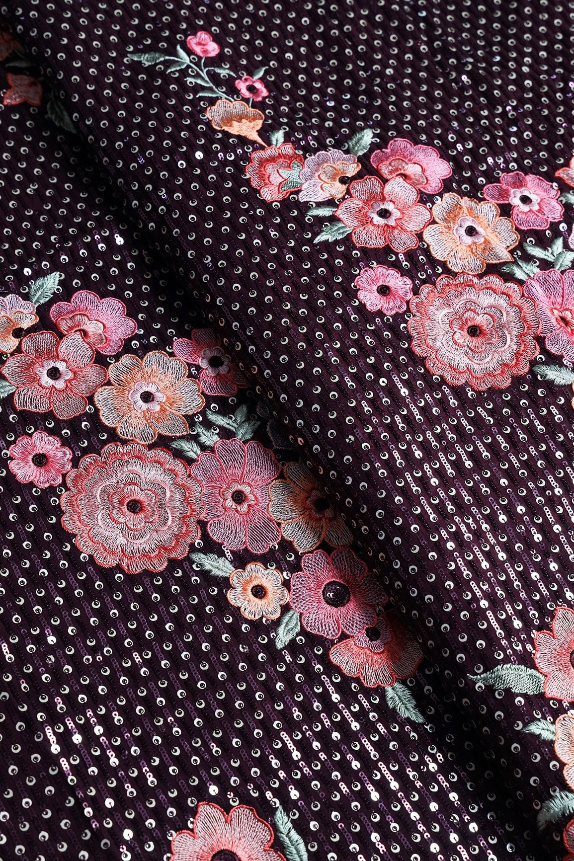 Gorgeous Multi Color Floral Embroidery With Sequins Work On Wine Viscose Georgette Fabric - doeraa